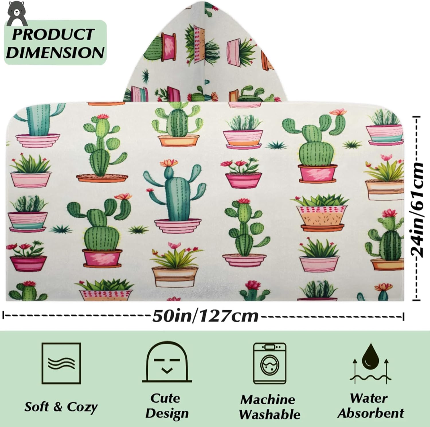 Cactus Plants Hooded Towels for Kids Absorbent Soft Pool Swim Beach Bath Towel for Boys Girls, 24 in x 50 in