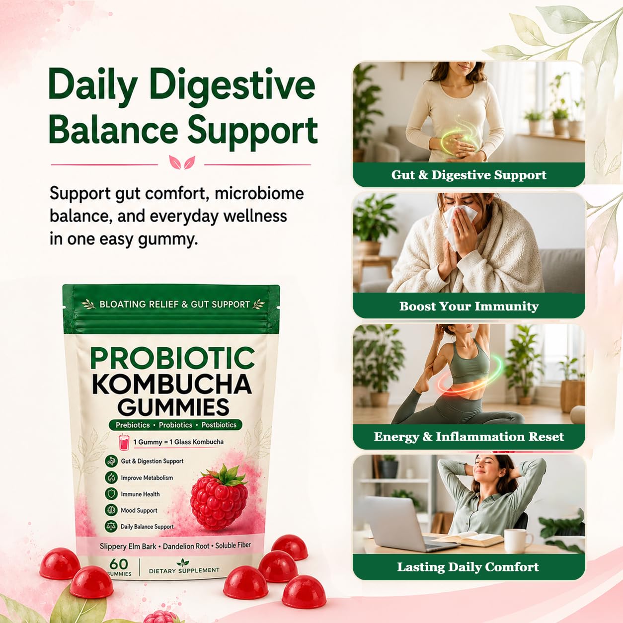 Evolia Probiotic Kombucha Gummies, Prebiotic Probiotic Postbiotic Formula, Digestive & Gut Health Support, Microbiome Balance & Digestive Comfort, Vegan, Non-GMO, 60 Gummies (1 Peak) — Amazon image 2