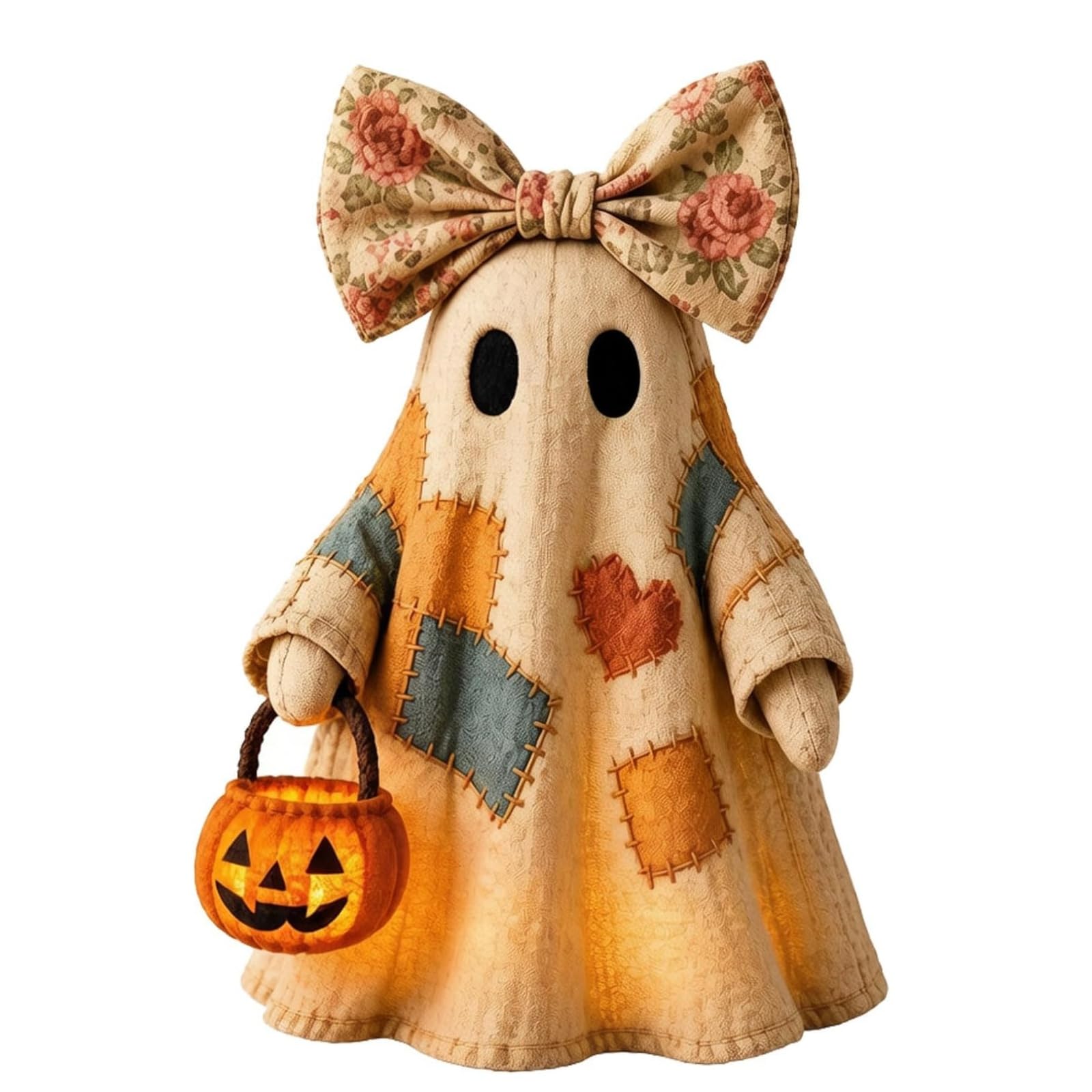 Lighted Vintage Patchwork Ghost - Vintage Halloween Patchwork Ghosts Lamp, Light Up Ghost with Pumpkin Lantern Halloween Decor, Figurine Decoration for Bedroom,Mantel Shelf,Entryway Porch