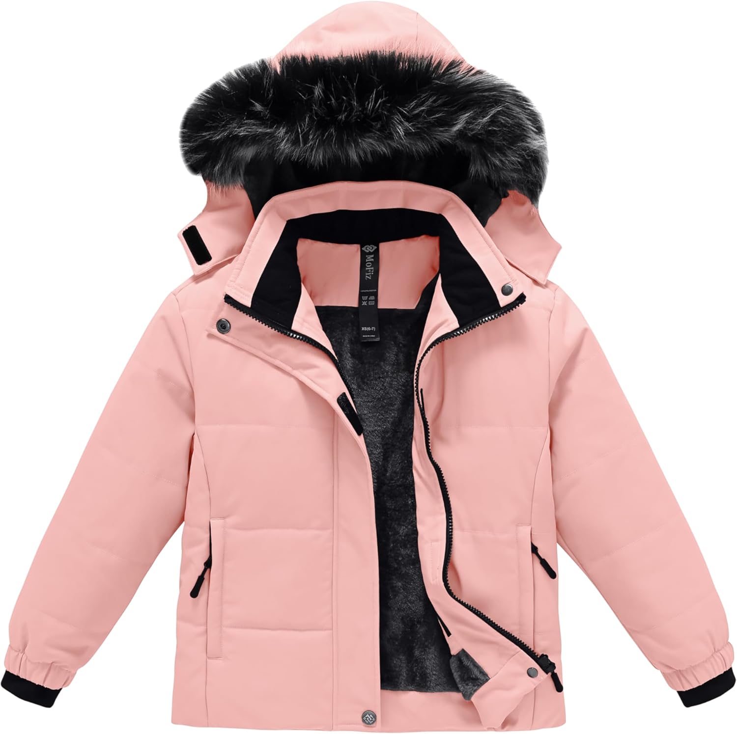 Girls Winter Coats with Removable Hood Waterproof Windproof Warm Fleece Zip Up Outerwear Jackets with Zip Pockets