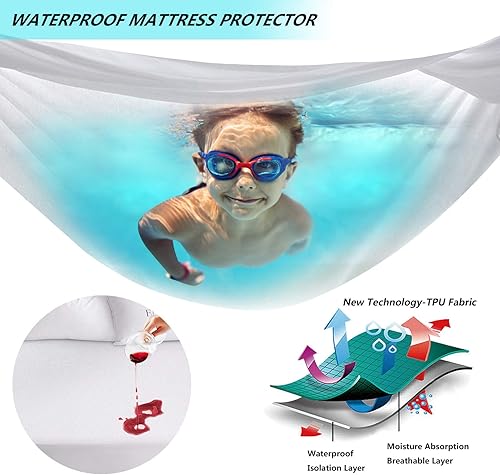 Miniatura 3 de Protector de colchón King impermeable, funda de colchón tamaño King, transpirable, sin ruido, funda de cama de bolsillo profundo para colchón de 6 a