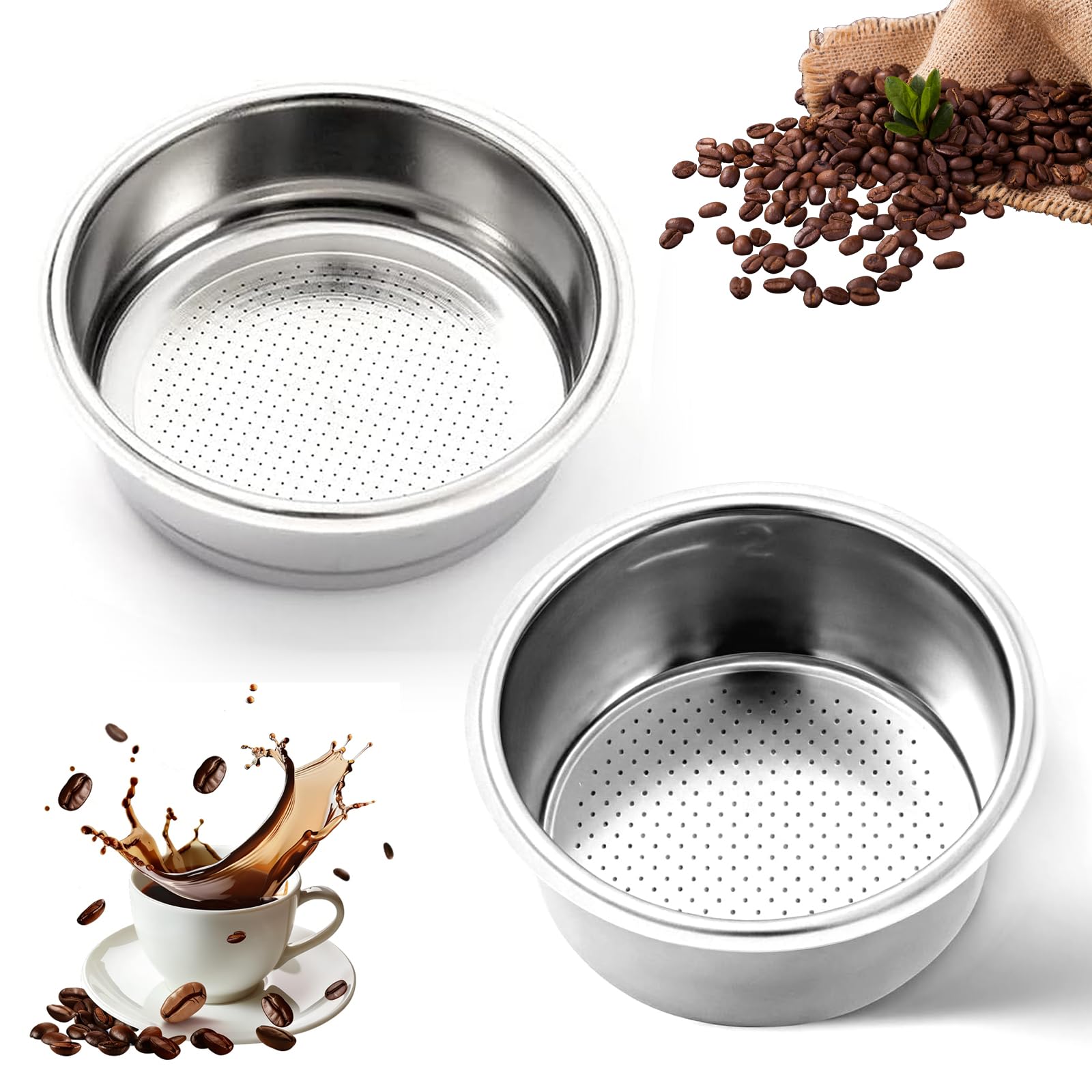 Ruvan 51 MM Filtro De Café De Acero Inoxidable, acero inoxidable cesta filtro café, Recambios Cafetera, para espresso y café casero, Reutilizables y Fáciles de Limpiar (1 Taza + 2 Tazas)