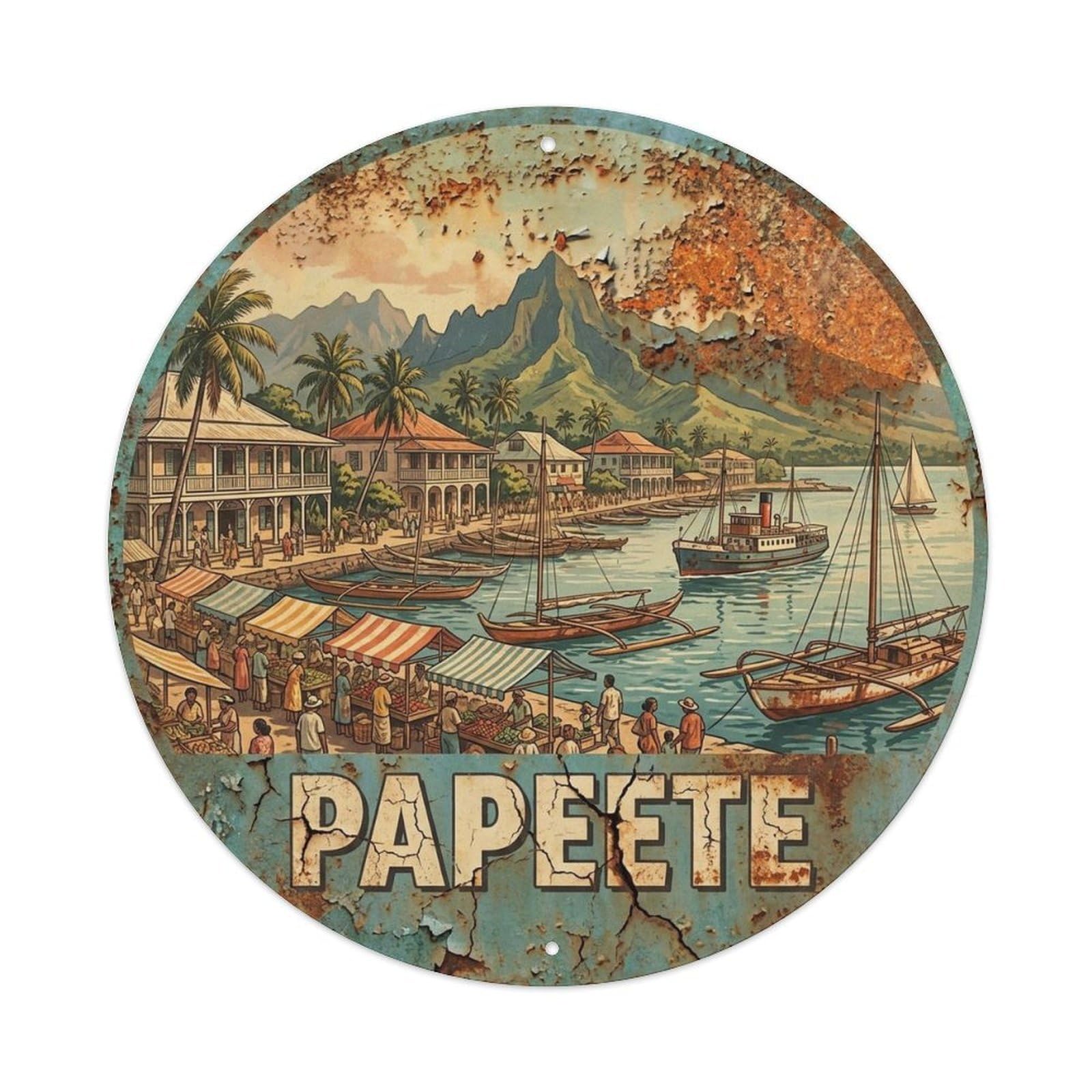 Olyhtr 8X8inch Classic Style Travel Vintage French Polynesia Papeete Island Metal Tin Sign