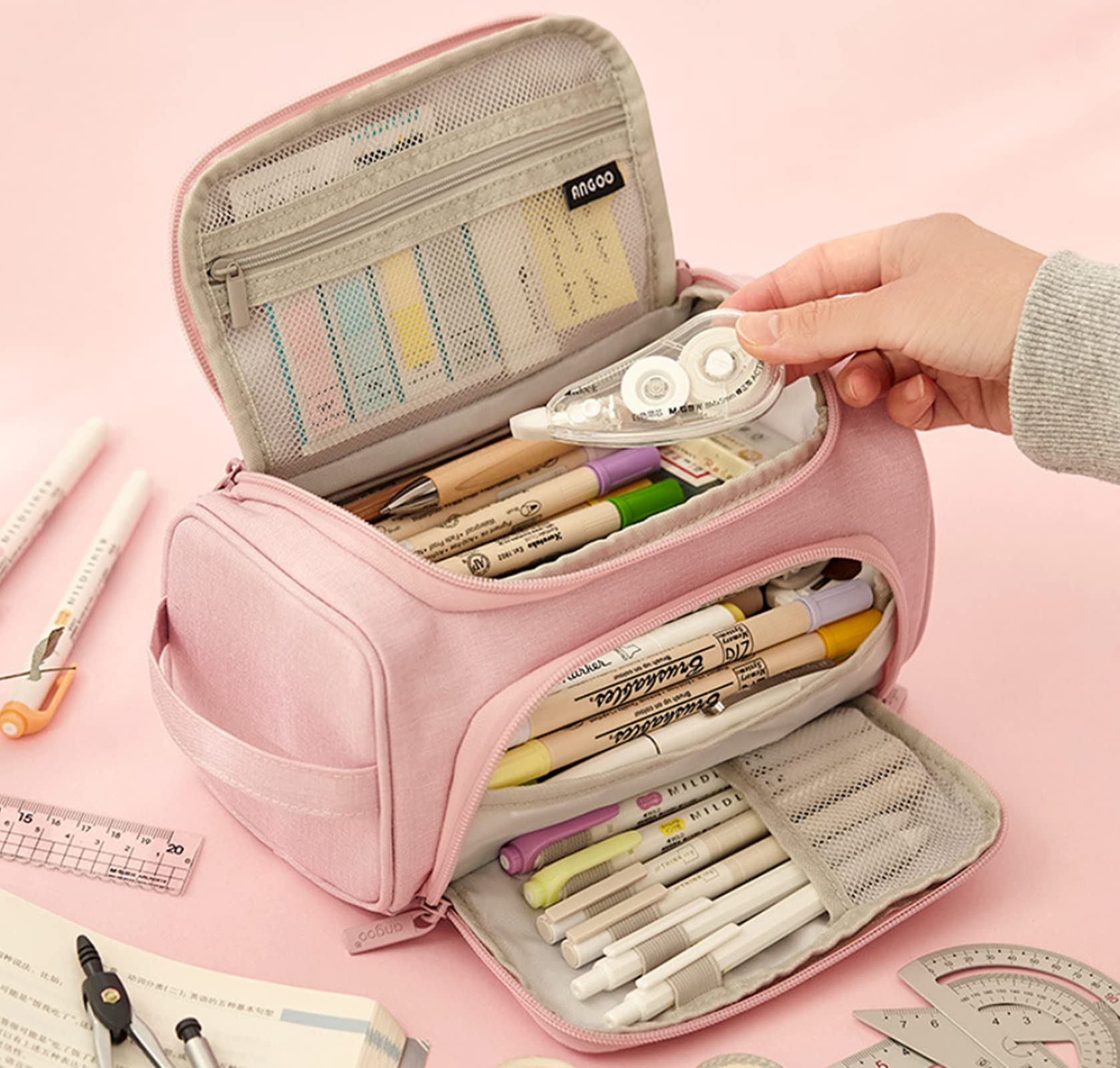 Astuccio Grande Hommtina In Tessuto Rosa – Capiente Porta Penne E Matite, Ideale Per Ufficio, Università E Scuola, Organizer Per Materiale Di Cancelleria - 4