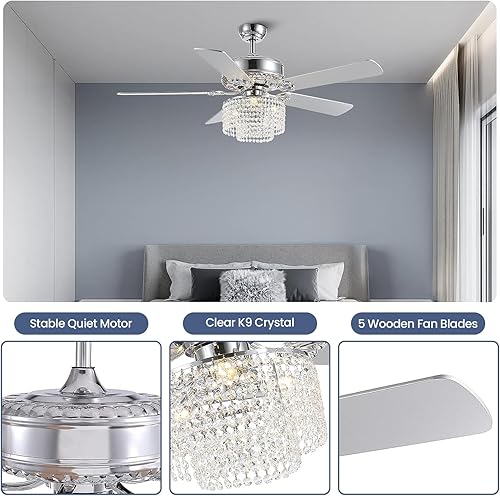 Miniatura 6 de CROSSIO 52 Inch Crystal Ceiling Fan with Light and Remote Control, Modern Chandelier Fan with 5 Reversible Wood Blades Chrome Fandelier for Living