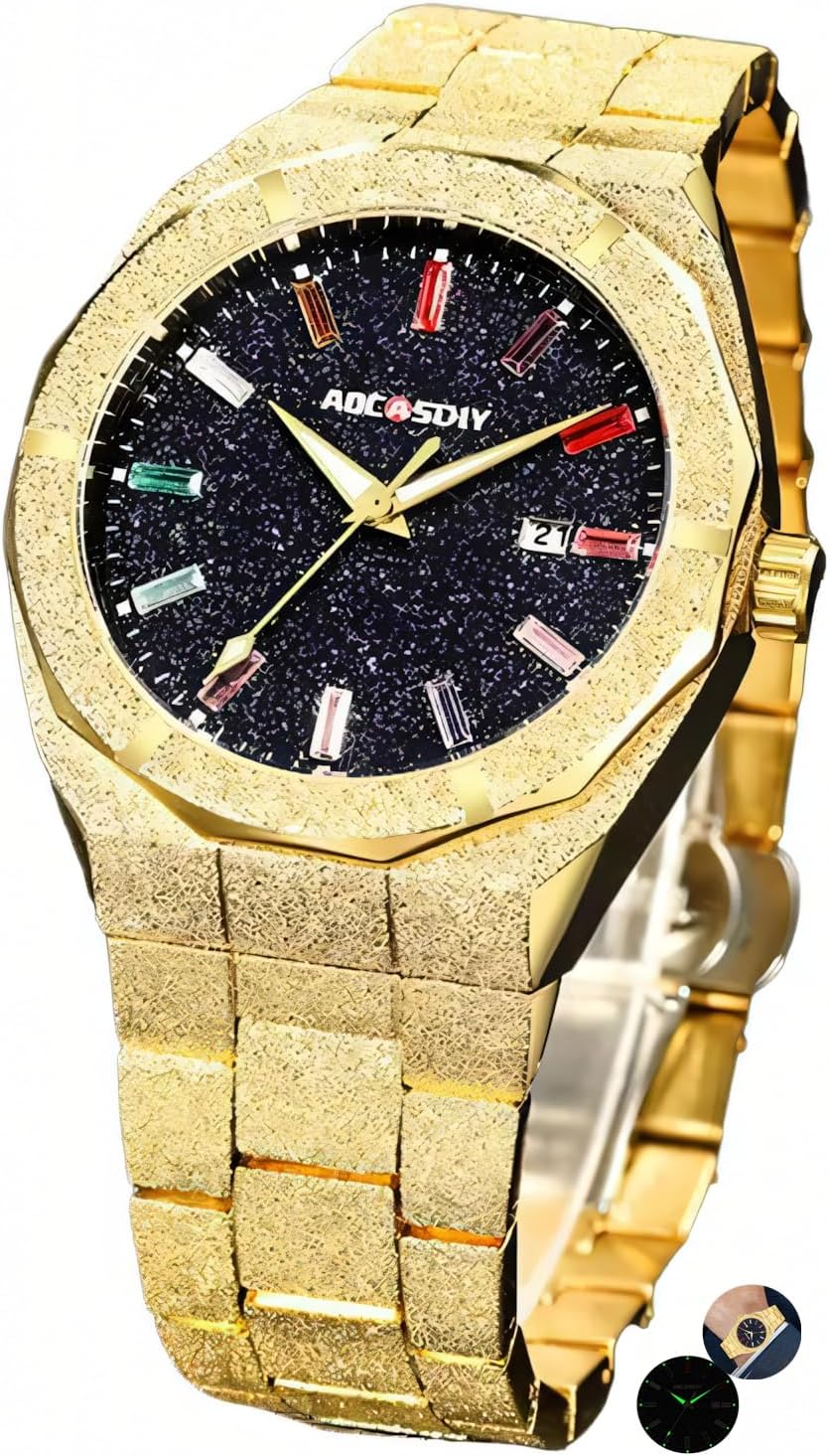 Luxury Men Quartz Watches Colourful Rhinestone Bling Dial Frosted Star Dust Rainbow Watch Men's Golden Wristwatch Stainless Steel Waterproof Luminous
