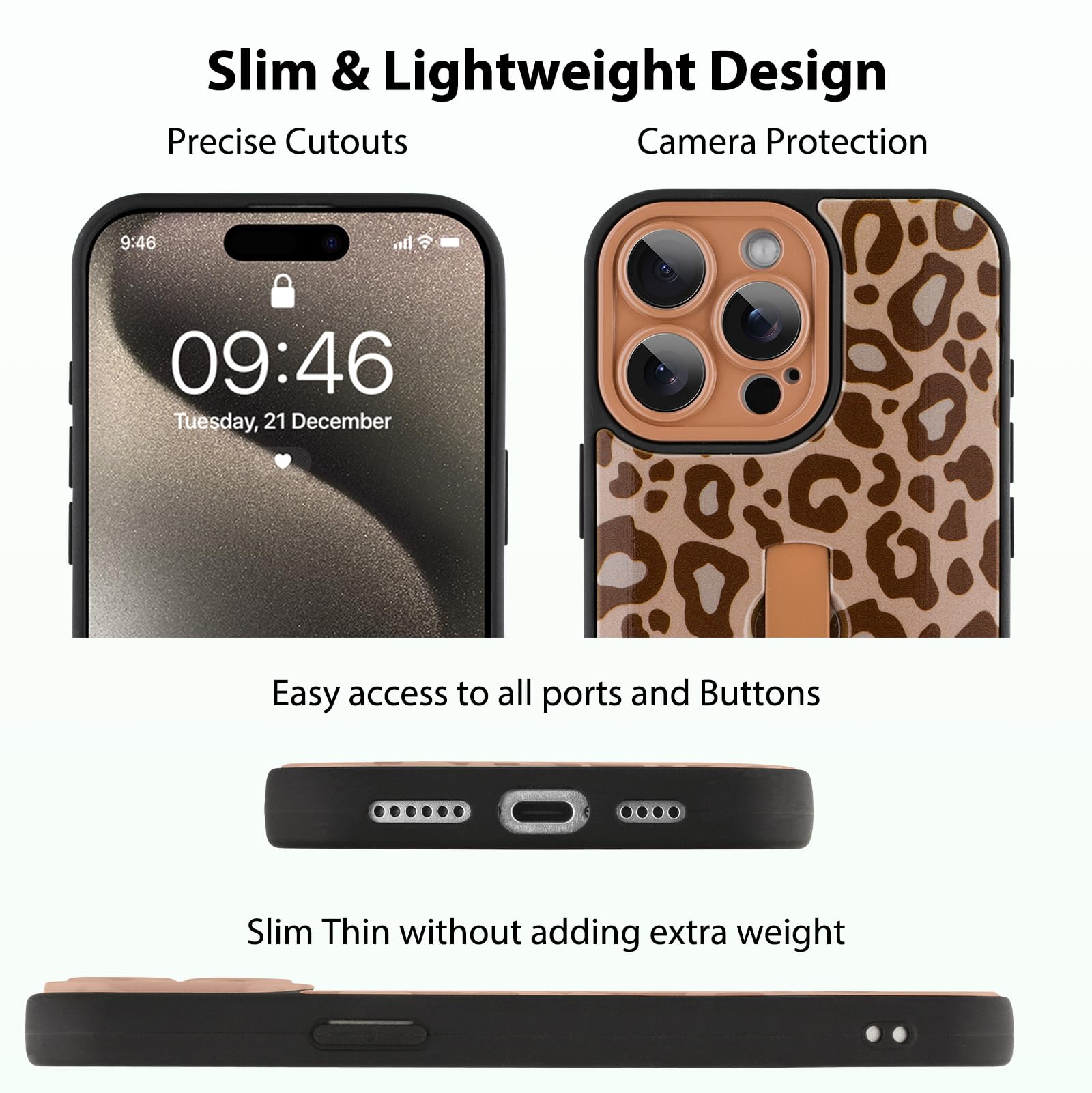 KANGHAR Funda Protectora Delgada para iPhone 15 Pro de 6.1 Pulgadas con Estampado de Leopardo marrón, para Mujeres, niñas y Hombres, a Prueba de Golpes, Delgada, Funda Protectora