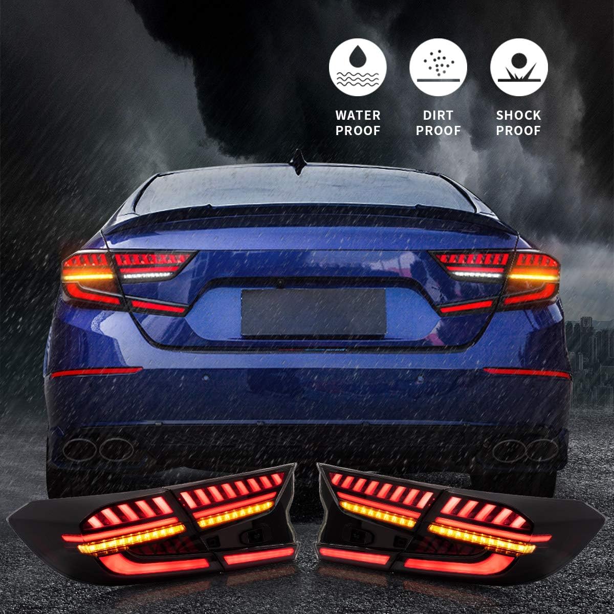 VLAND LED Smoked Tail Lights Compatible with Honda Accord 2018 2019 2020 2021 2022 10th Gen Rear Lamps with Dynamic Animation Breathing DRL, Sequential Turn Signal 3D, YAB-HD-0307, Pair