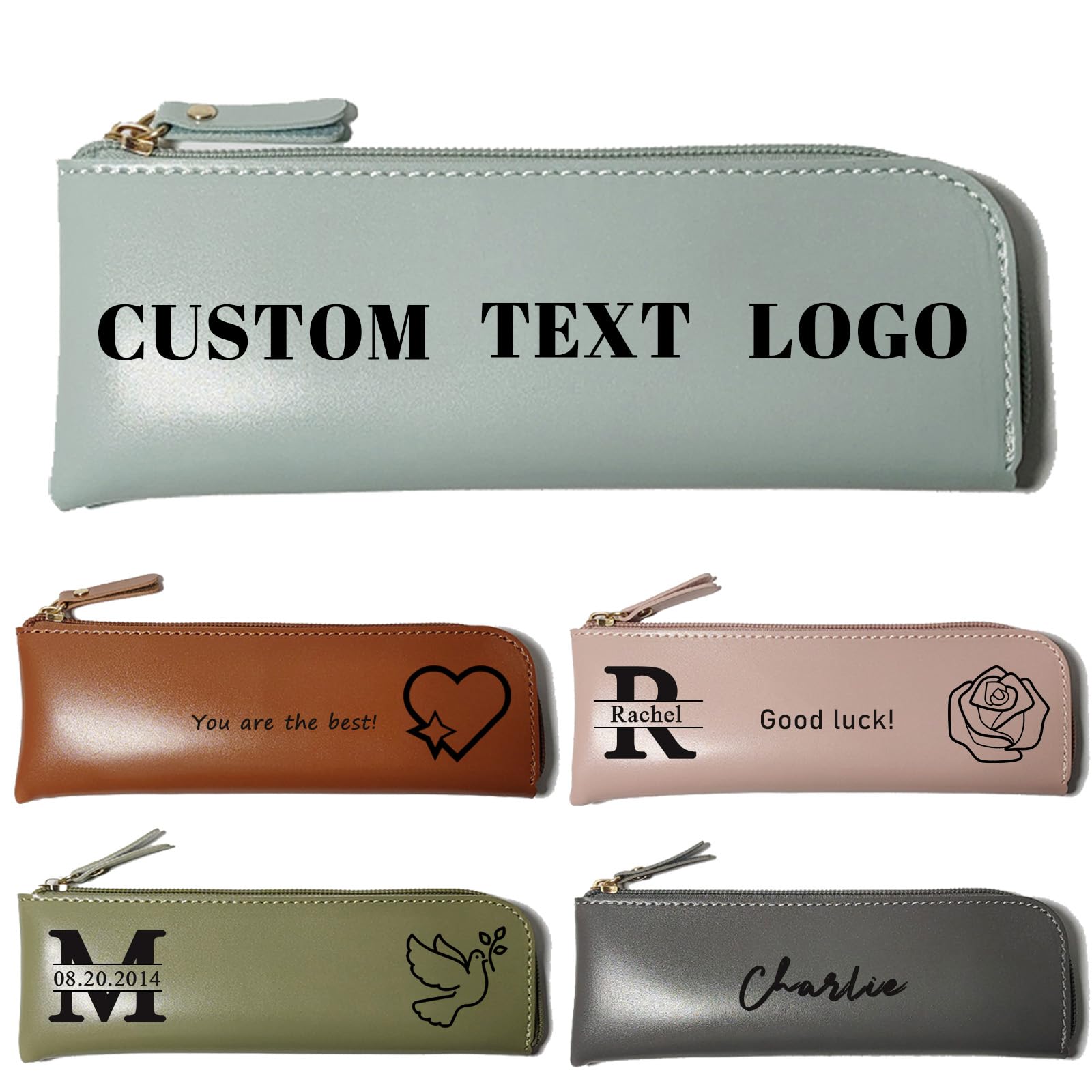 zyinoant Custom Pen Pencil Pouch Cases Personalised Small Leather Stationery Bags Engraved Text Name Lnitials for Kids Women Adults School (Rectangular)