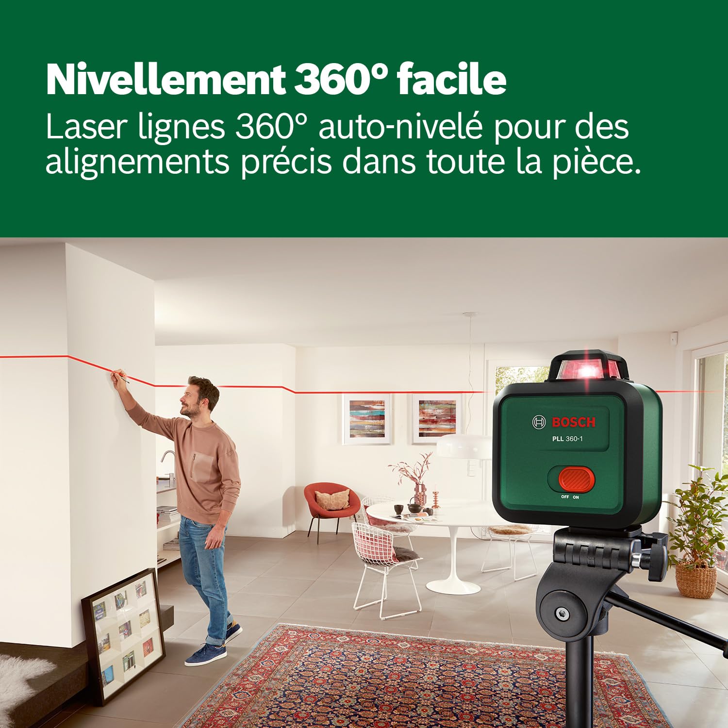 Laser de nivellement PLL 360-1 Bosch (laser plan 360° auto-nivelé, précision ±0,4 mm/m, portée 12 m, mode incliné pour pente, dans boîte en carton)
