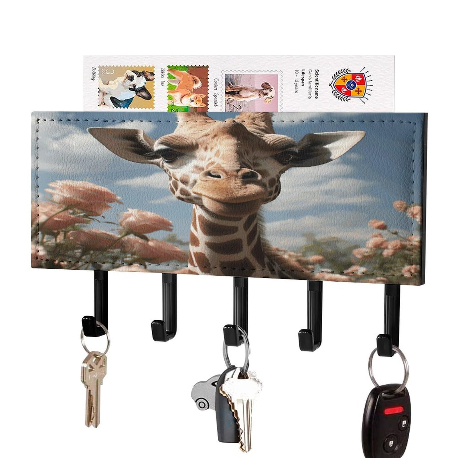 FekiLoot Beautiful Giraffe Key Holder Wall Mount Key and Mail Holder Key Hanger with 5 Hooks Decorative PU Key Rack Hanging Key Hooks for Wall Living Room Kitchen Bathroom Hallway Black-Style