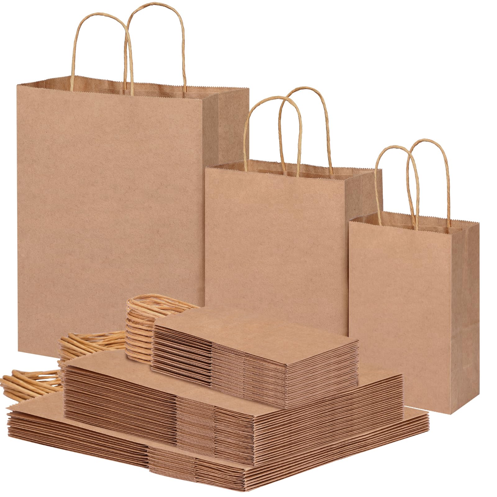 OUTUXED 75 bolsas de papel marrón con asas, bolsas de papel kraft de varios tamaños, bolsas de regalo a granel para venta al por menor, mercancía, negocios, compras, fiesta