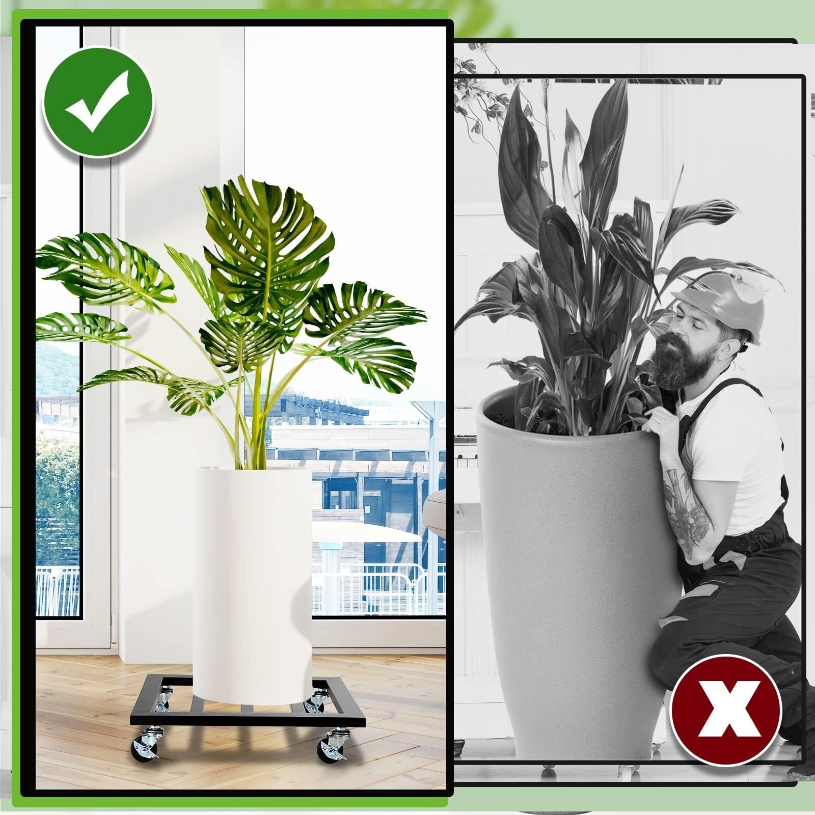 Macetero móvil con ruedas, soporte para flores de pie para interior y exterior, negro, 40 cm, para balcón, jardín, soporte universal para macetas