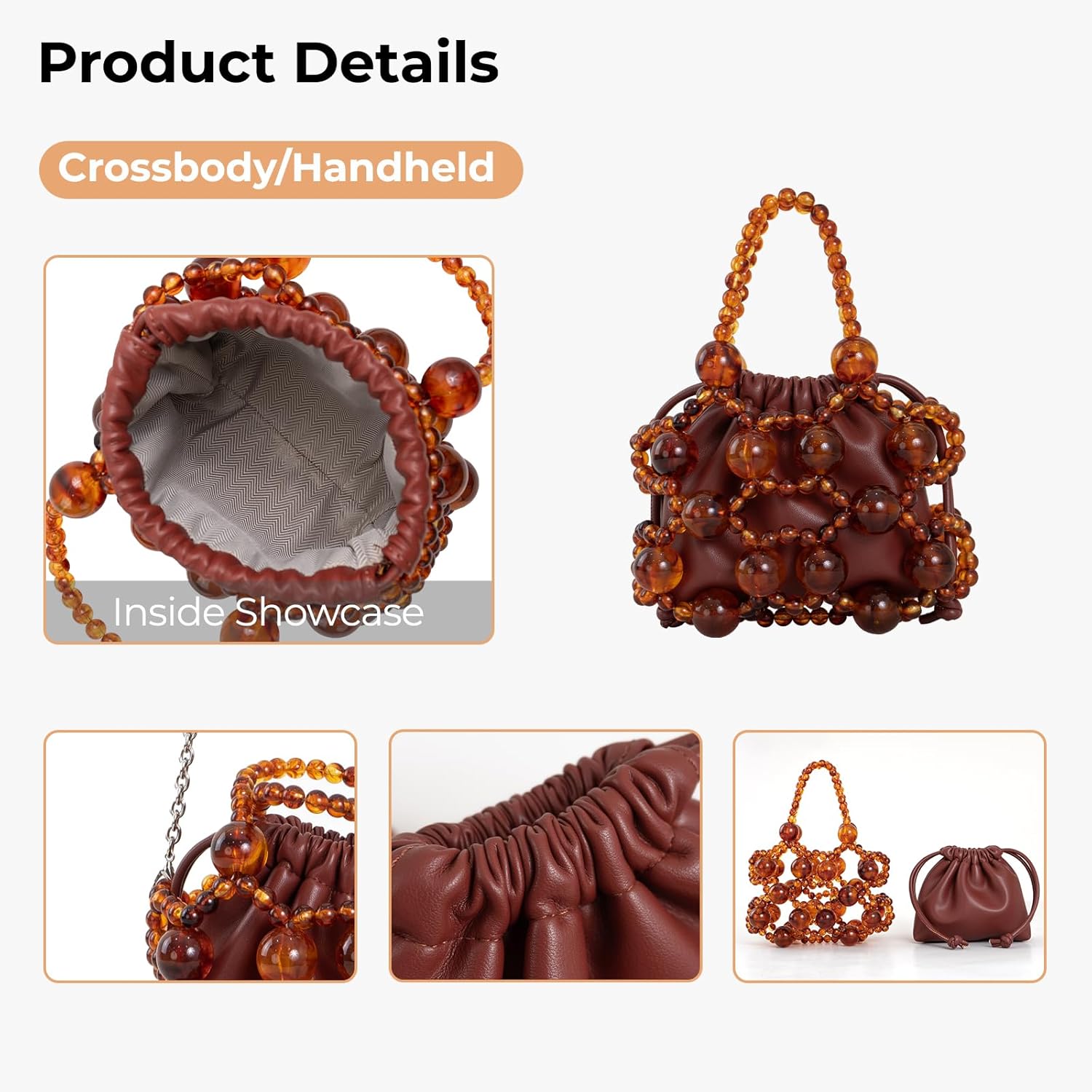 Women's brown leather shoulder bag with amber bead decoration, Bohemian women's crossbody bag, cute little handbag - Image 6