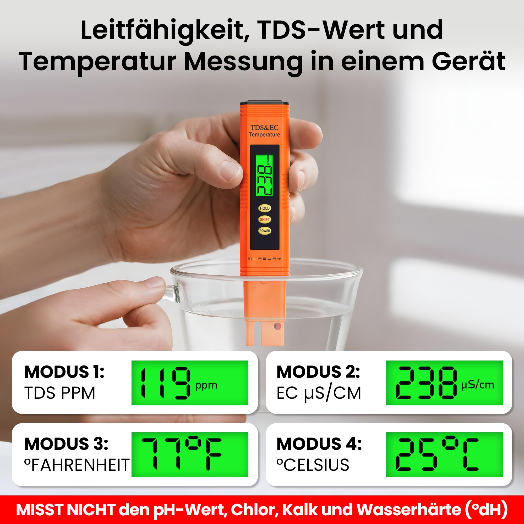Measury Mikrosiemens Messgerät und PPM Messgerät Wasser, Wassertester Trinkwasser, TDS Messgerät für Trinkwasser, EC Messgerät, Leitwertmessgerät Aquarium - Leitfähigkeitsmessgerät Wasser Tester