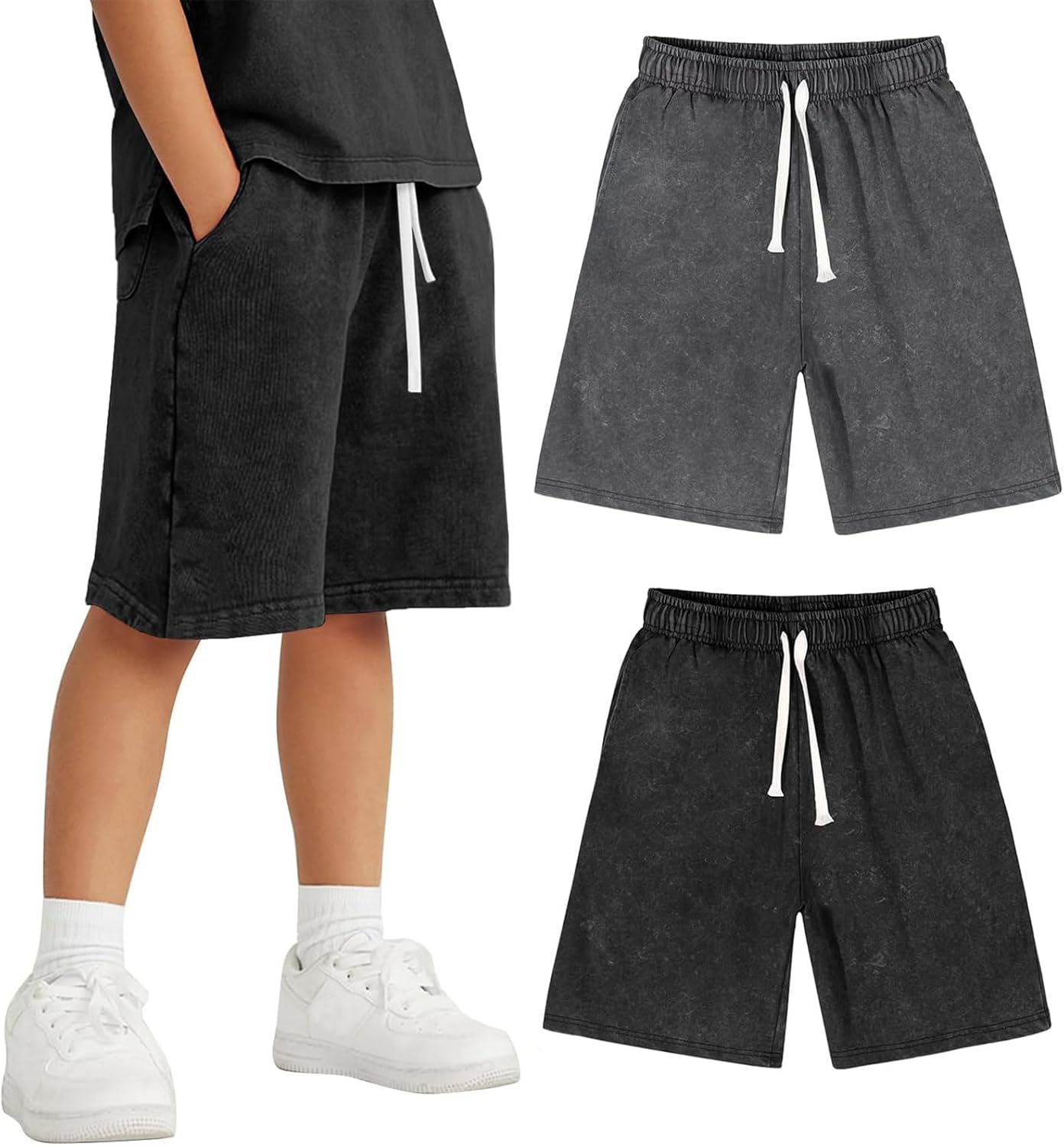 Arssm 2 Pack Boys Shorts Cotton Acid Washed Athletic Shorts Kids Summer Active Shorts with Pockets