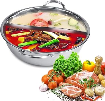 Stainless steel pot with divider, two-flavor separation induction cooker, double-sided soup cooker double-flavor Chinese shabu-shabu, suitable for family gatherings32cm
