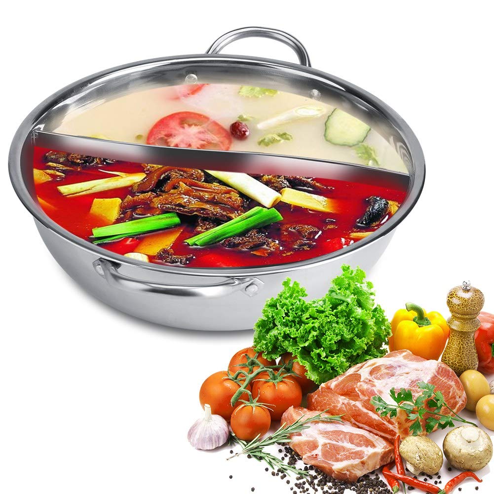 Inllex Stainless Steel Shabu Shabu Hot Pot With Divider for Induction Cooktop Gas Stove (30cm, With Cover) - Partition Cooking Pot, Big Soup Pot, Two-Flavor Design S Grid Mandarin Duck 4