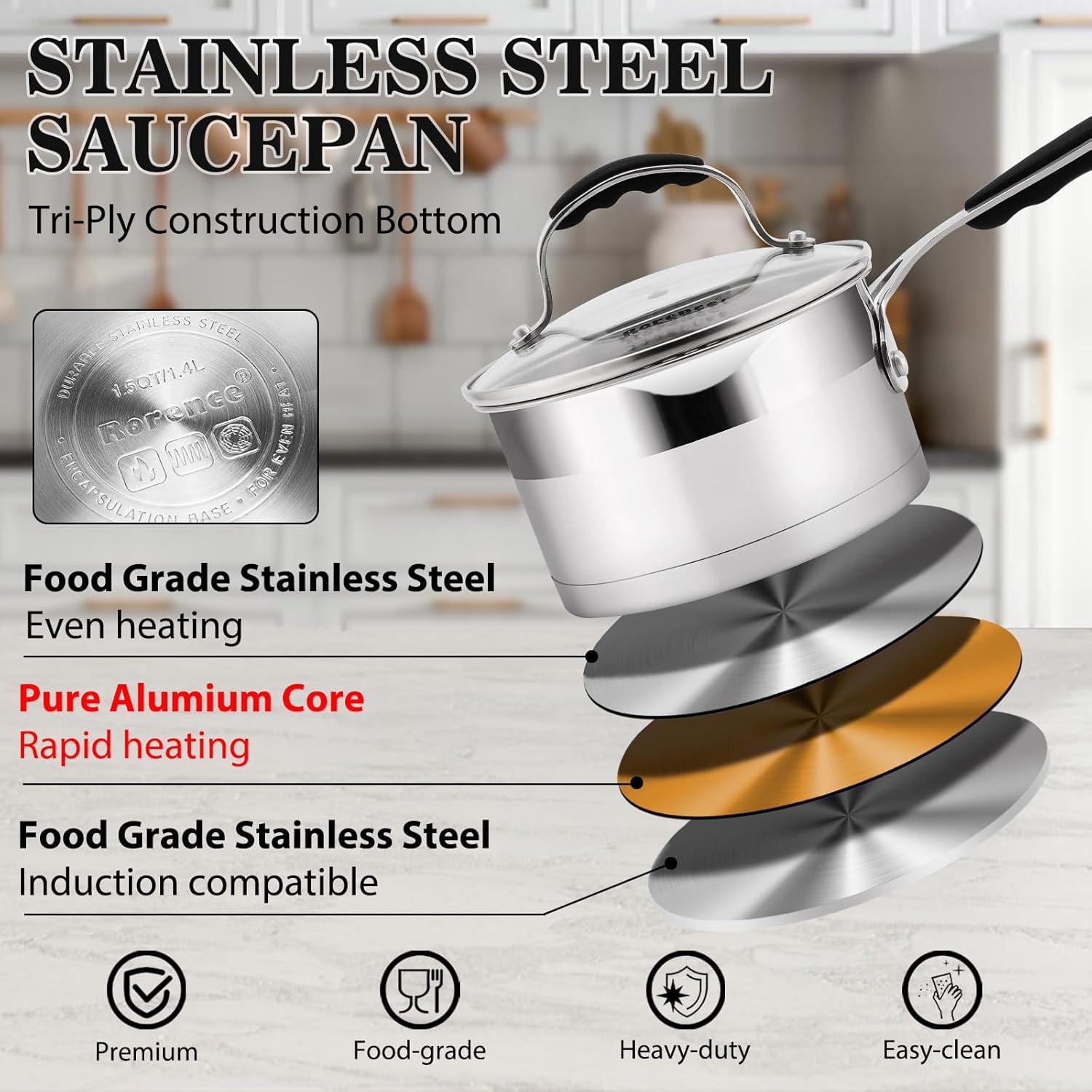 Rorence 1.5 QT Stainless Steel Saucepan, Sauce Pan with Silicone Coated Handles and Pout Spouts, Induction Small Cooking Pot with Clear Transparent Tempered Glass Lid for All Stoves, Dishwasher Safe