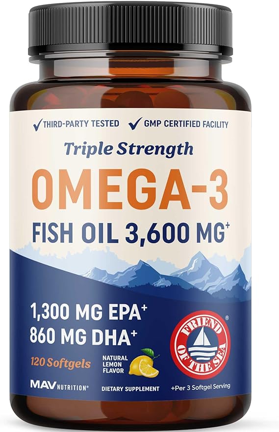 Triple Strength Omega 3 Fish Oil | 3600 mg EPA & DHA | Over 2100mg of Omega 3 Fatty Acids | 1300mg EPA + 860mg DHA | Best Essential Fatty Acids | Premium Burpless Softgel Supplements (120 Ct) Triple Strength Omega 3 Fish Oil | 3600 mg EPA & DHA | Over 2100mg of Omega 3 Fatty Acids | 1300mg EPA + 860mg DHA | Best Essential Fatty Acids | Premium Burpless Softgel Supplements (120 Ct)