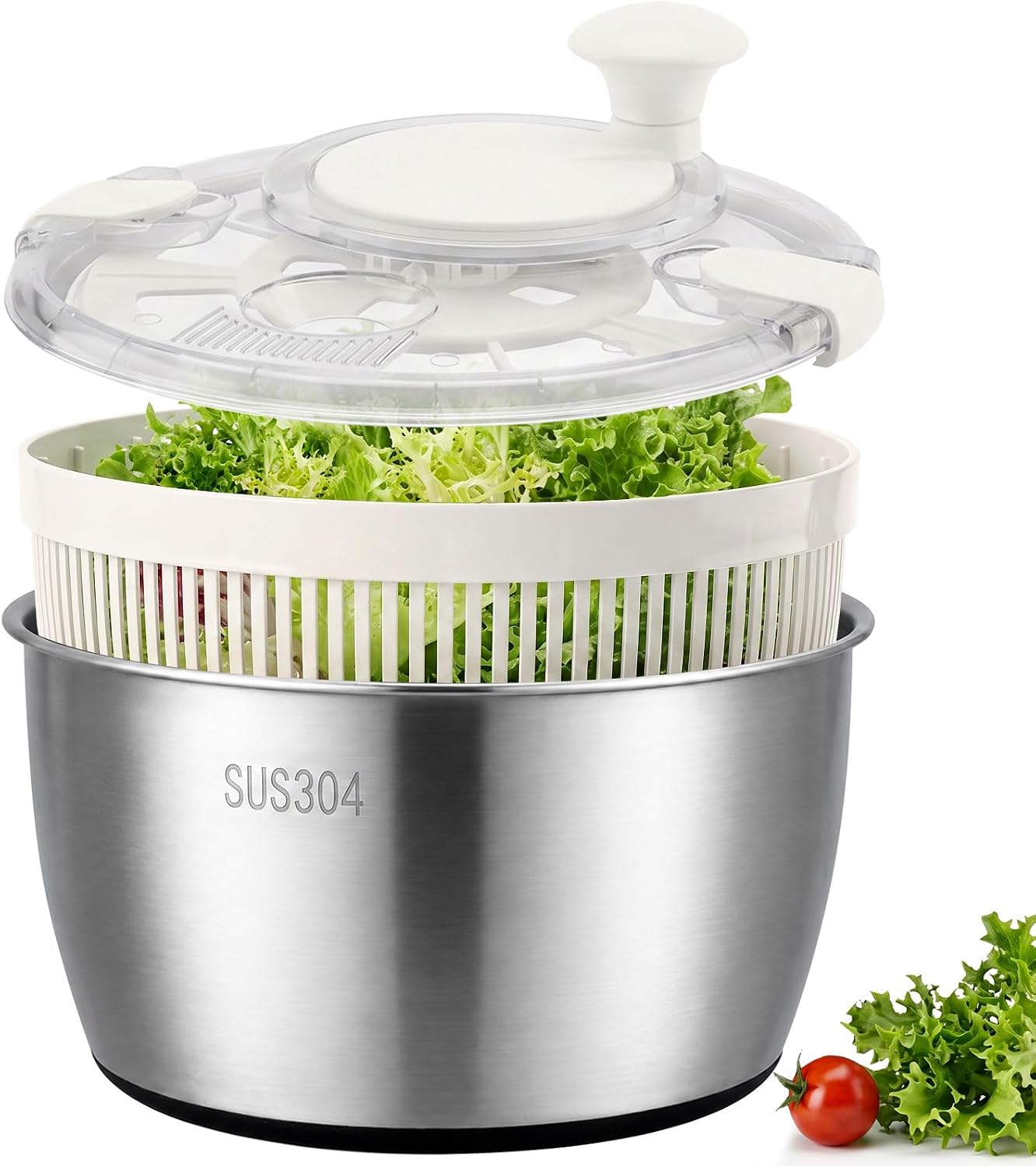 Greentainer 5.3QT Stainless Steel Salad Spinner, Hand-cranked Lettuce Spinner, Large Salad Washer Spinner and Dryer, Vegetables & Fruits Washing Bowl with Non-slip Base, Quick Dry