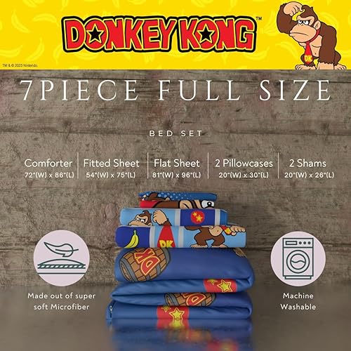 Miniatura 3 de Franco - Collectibles - Ropa de cama de Donkey Kong de Nintendo - Juego de 7 piezas con edredón reversible y sábanas supersuaves, con funda