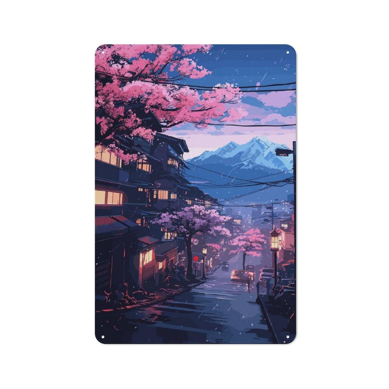 Junmoney Japanese Street Sakura Metal Plaque 30X20cm With For Pub Or Café, Rustic Decor, For Garage, Workshop And Man Cave Decoration