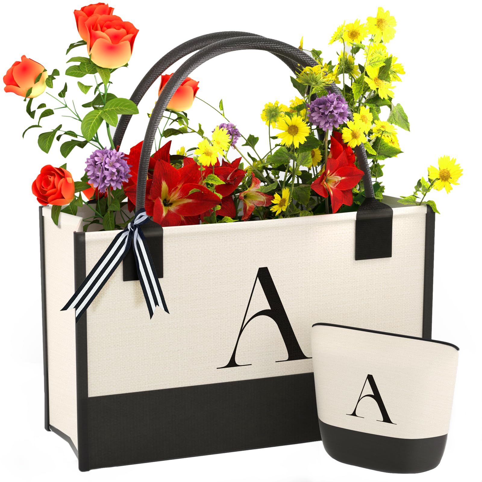 OATALYMonogrammed Canvas Tote Bag with Zipper Pockets - Ideal Gift for Mom, Teacher, Sister