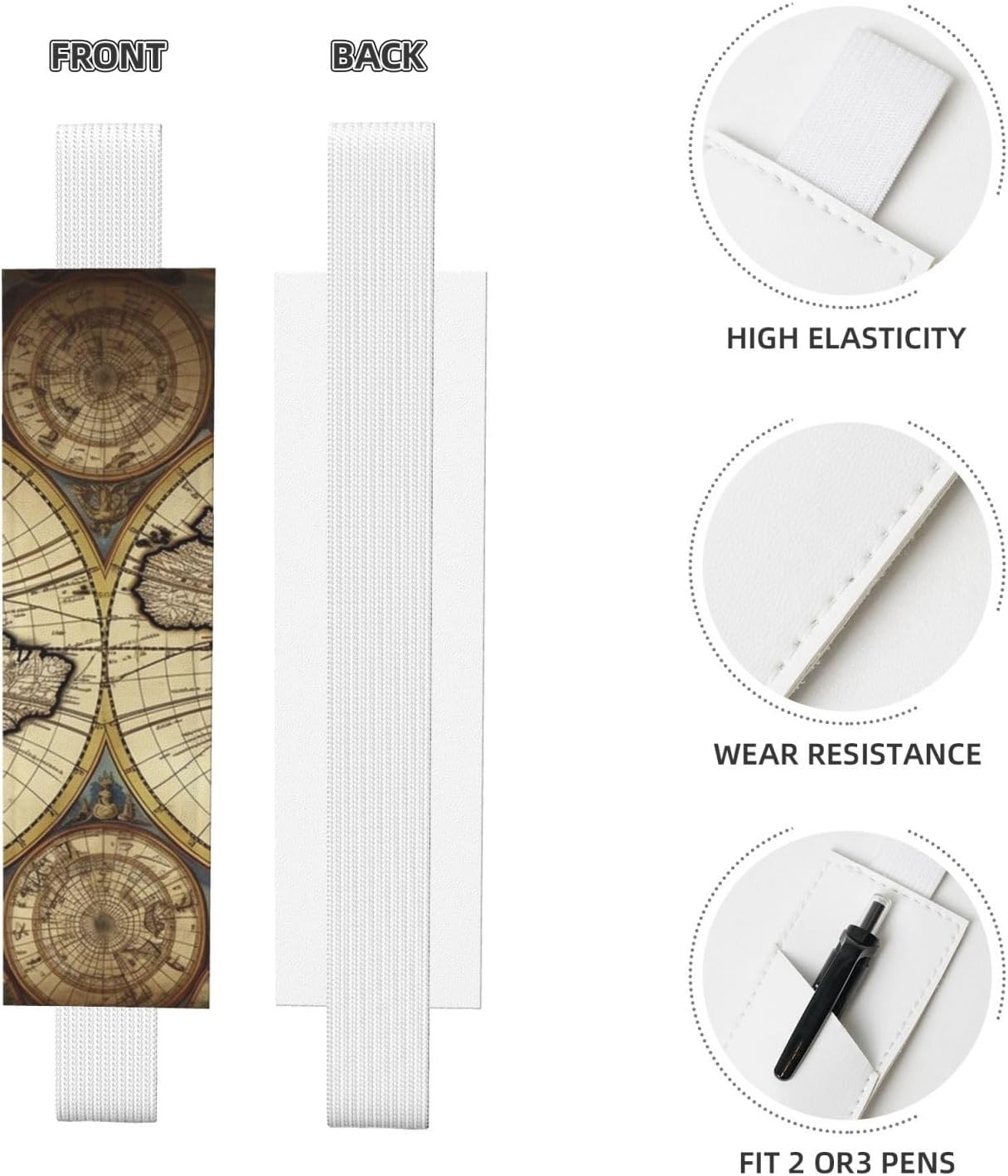 Ancient Map World Globe Pen Holder for Notebook, PU Leather Pen Sleeve Pouch for Gift, Detachable Bookmark Elastic Journal Pencil Holder Case - Hold 2-3 Pens, White image 2