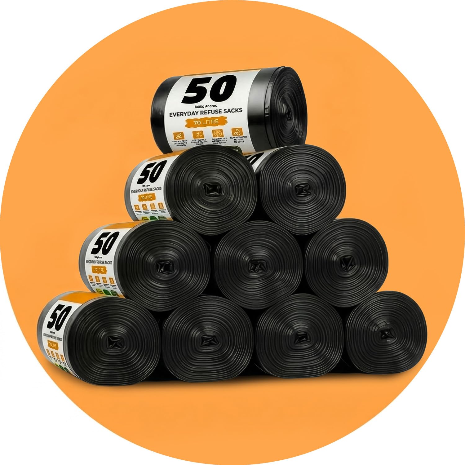 Roe Tenpo 500 Pack Bin Bags - 70L, 30 Microns Bin Liners, Strong & Durable, Tear Resistant Refuse Sack, Black Bin Bags for Everyday Use, Household & Commercial Use