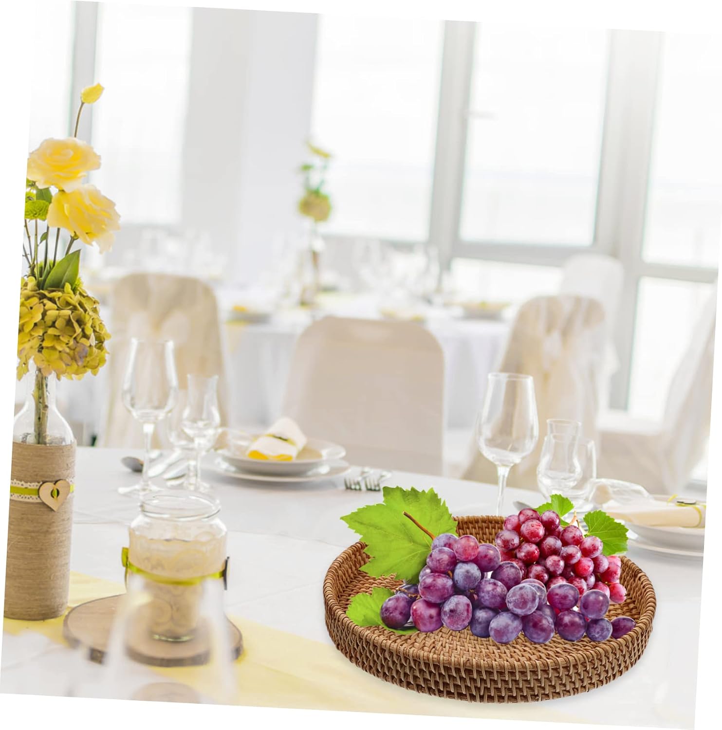 SHOWERORO Rattan Storage Basket Desktop Serving Tray Household Fruit Plate Multi-Function Fruit Tray for Desserts Snacks Tea Sets and Tableware 9.25 X 9.25 X 1.37 in image 5