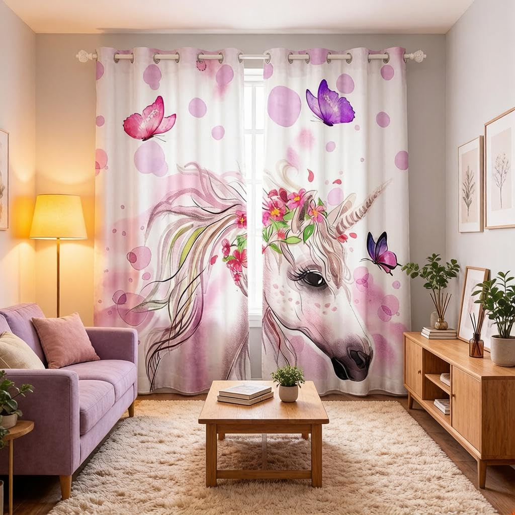 Loussiesd Unicorn Horse Window Curtains for Bedroom Living Room Unicorn Animals Curtains Kids Boys Girls Butterflies Magical Animal Window Drapes Fantasy Pink Window Treatments,W46*L54 — image 1
