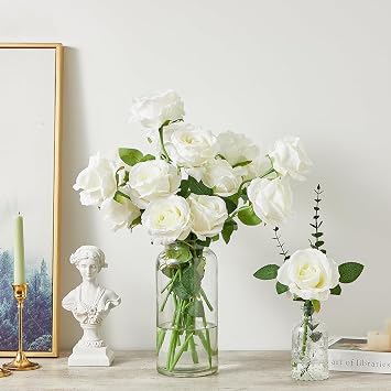 HNVNER 12 Pcs White Rose Artificial Flowers, Fake Flowers Silk Rose Realistic Bouquets for Wedding Table Centerpiece Home Decor