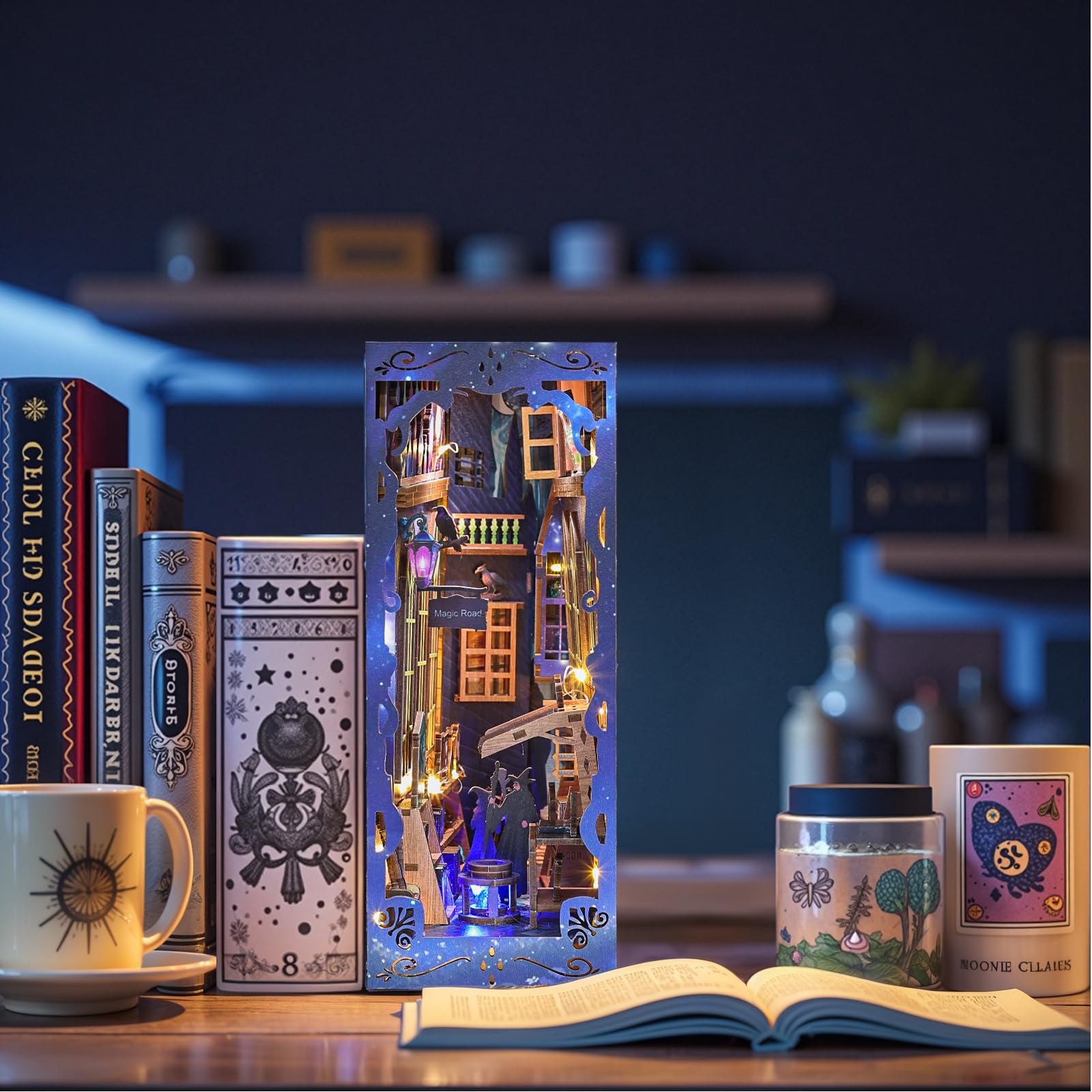 DIY-Set für Erwachsene – Magic Alley Miniatur-Haus Diorama, 3D-Puzzle aus Holz, Bücherregal mit LED-Licht, Miniatur-Zauberer-Thema, Geschenk für Fantasy-Liebhaber