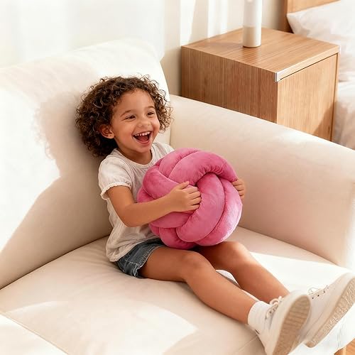 Miniatura 3 de Almohada de nudo de bola, almohada de nudo rosa intenso, almohadas decorativas suaves para el hogar, almohada redonda de felpa rosa anudada para