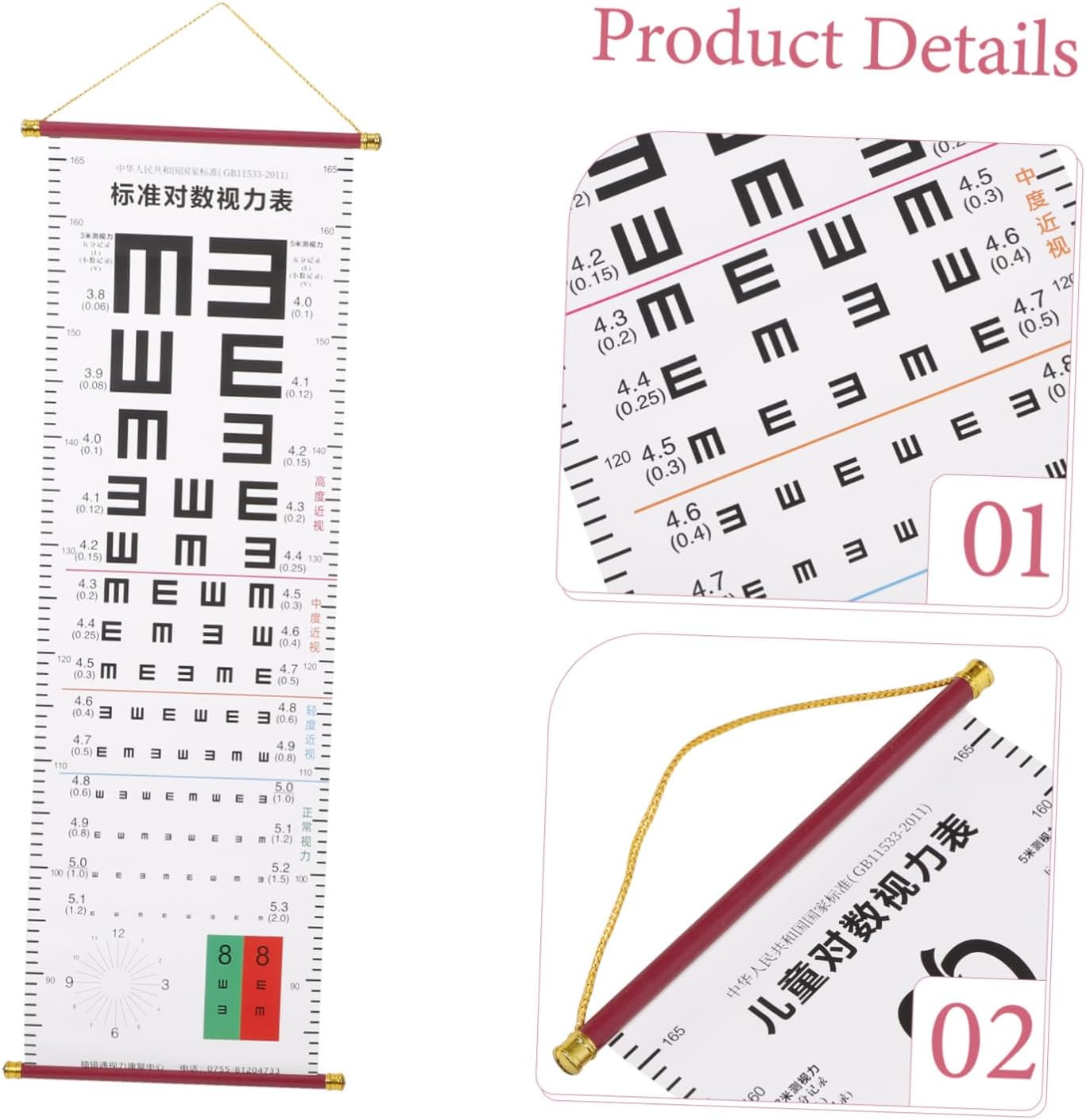 Hanging Eye Chart Double-Sided Snellen Eye Chart for Vision Test Portable Exam Kit Hand Pointer