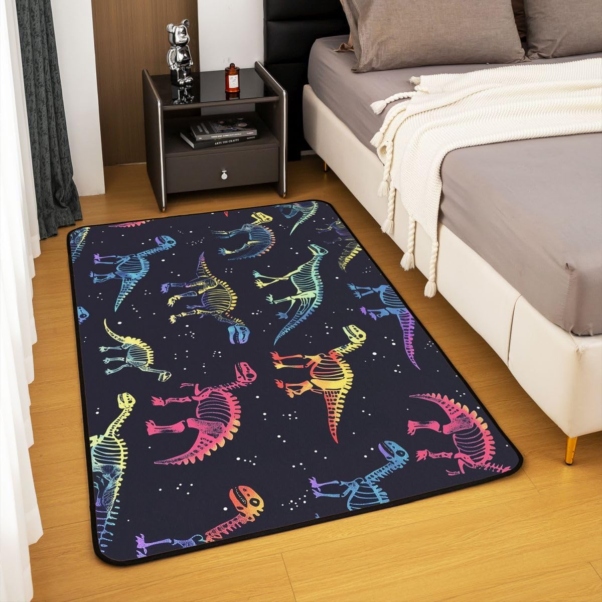 Dinosaurier Teppich 100x150cm Bunt Muster Modern Teppich Schwarz Weiß Gitter Wohnzimmerteppich Süß Autotoon Dino Küchenteppich Wildes Tier Weich Waschbar