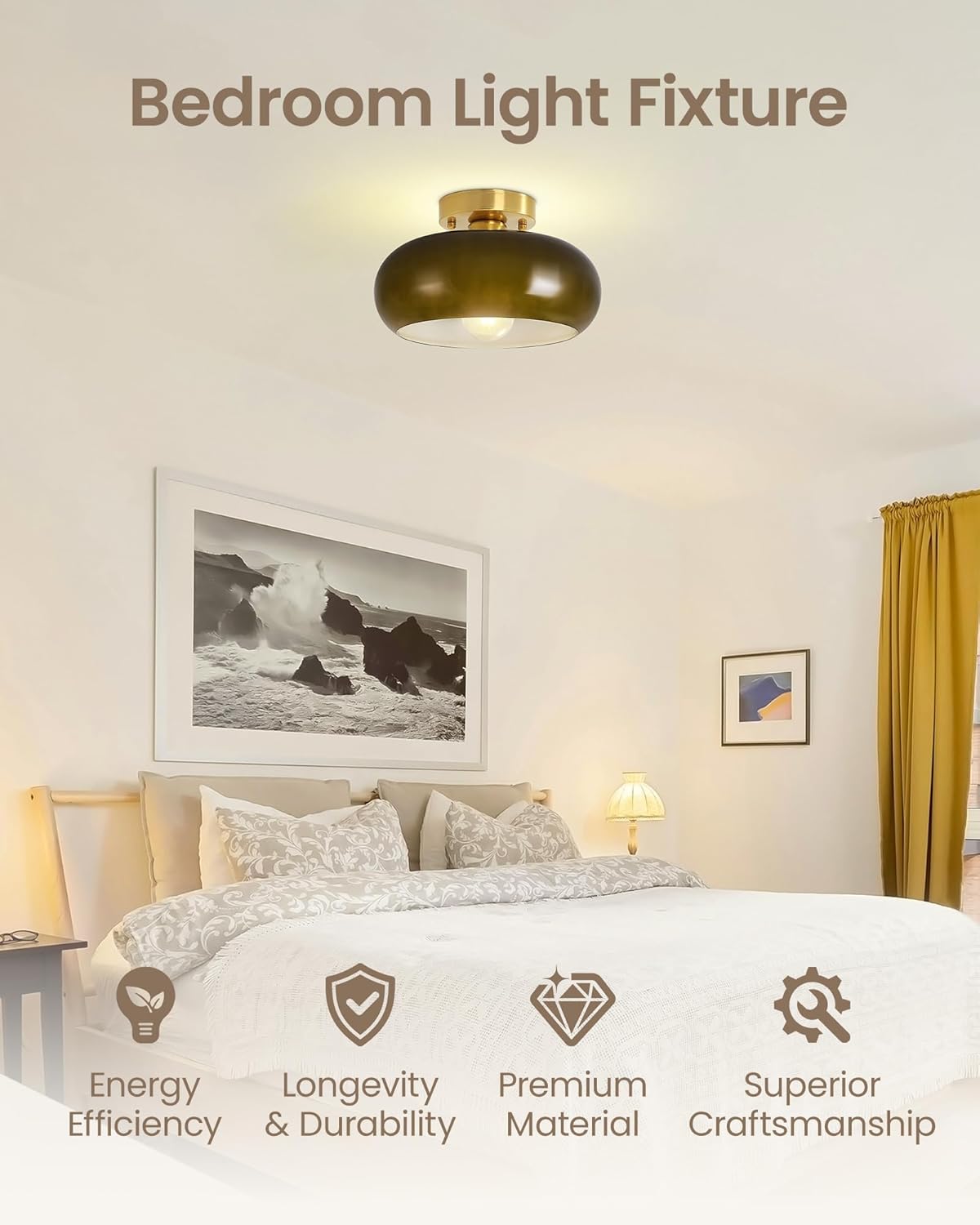 Yunnix Semi Flush Mount Ceiling Light, Gold Light Fixture, Mid-Century Modern Farmhouse Green Glass Small Light Fixtures for Hallway, Bathroom, Kitchen, Bedroom, Living Room, Closet, Laundry(11 Inch)