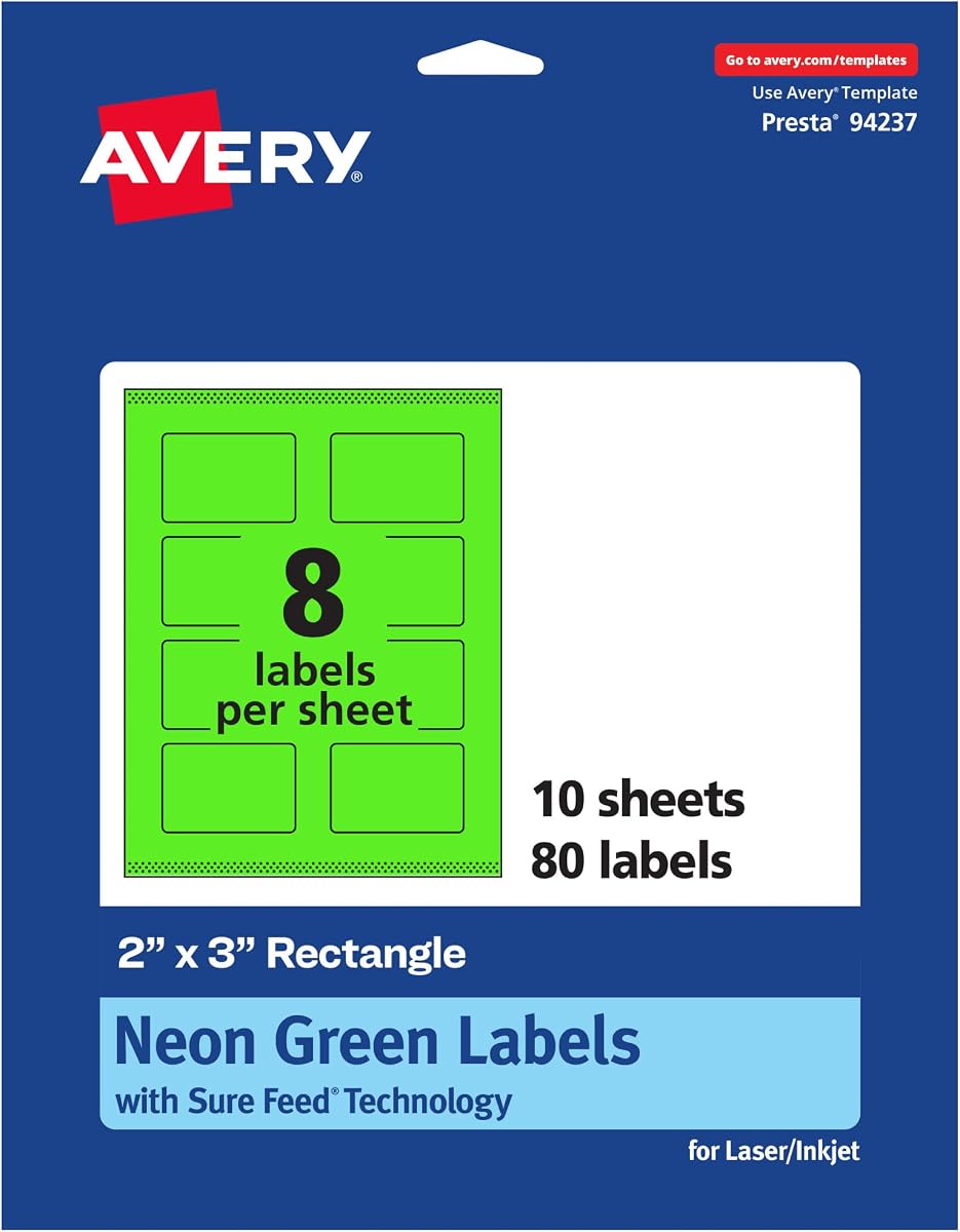 Avery Printable Rectangle Labels, Sure Feed Technology, 2" x 3", Neon Green Labels, Print-to-The-Edge, Laser/Inkjet Printable, 80 Total, Great for Mailing and Candles