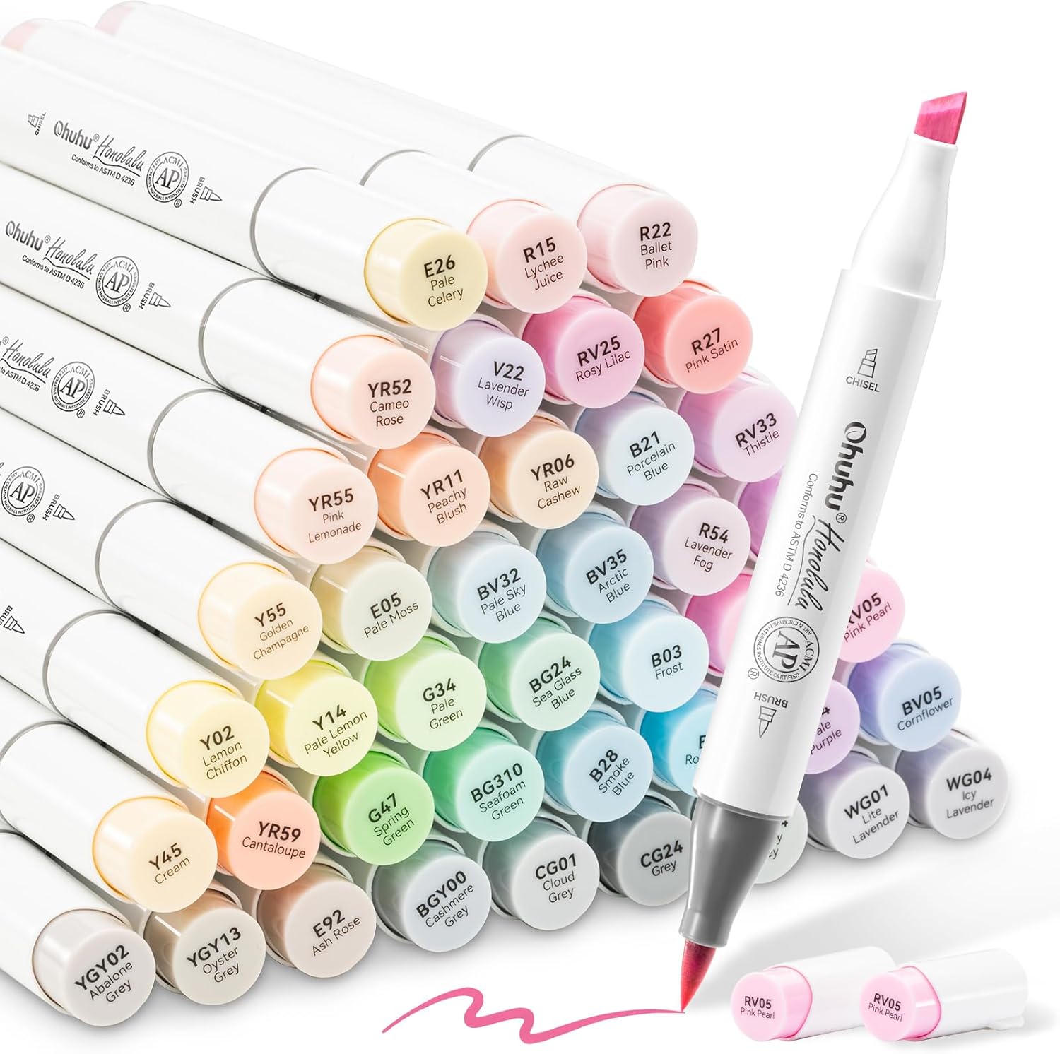 Ohuhu Pastel Alcohol Brush Markers- 48 Colors of Honolulu Sweetness - AP Certificated -Alcohol Based Double Tipped Art Marker Set for Artist Adults Coloring Illustration- Brush & Chisel - Refillable