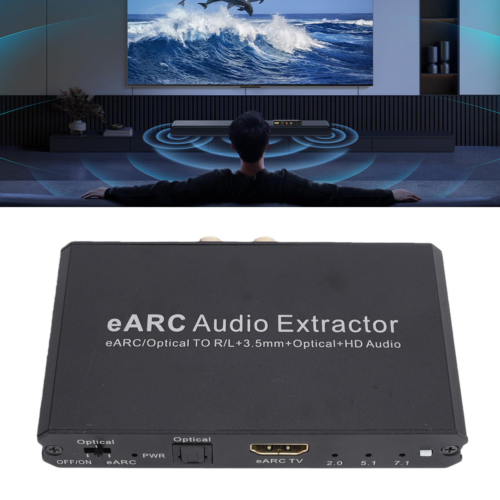 Cryfokt Extractor de EARC, 24 Bits 192 KHz 7.1 5.1 2.0 Canales ARC Convertidor, Adaptador de óptico con Carcasa de Aleación de Aluminio para Cine en Casa HDTV Barra de Sonido Amplificador de Altavoz