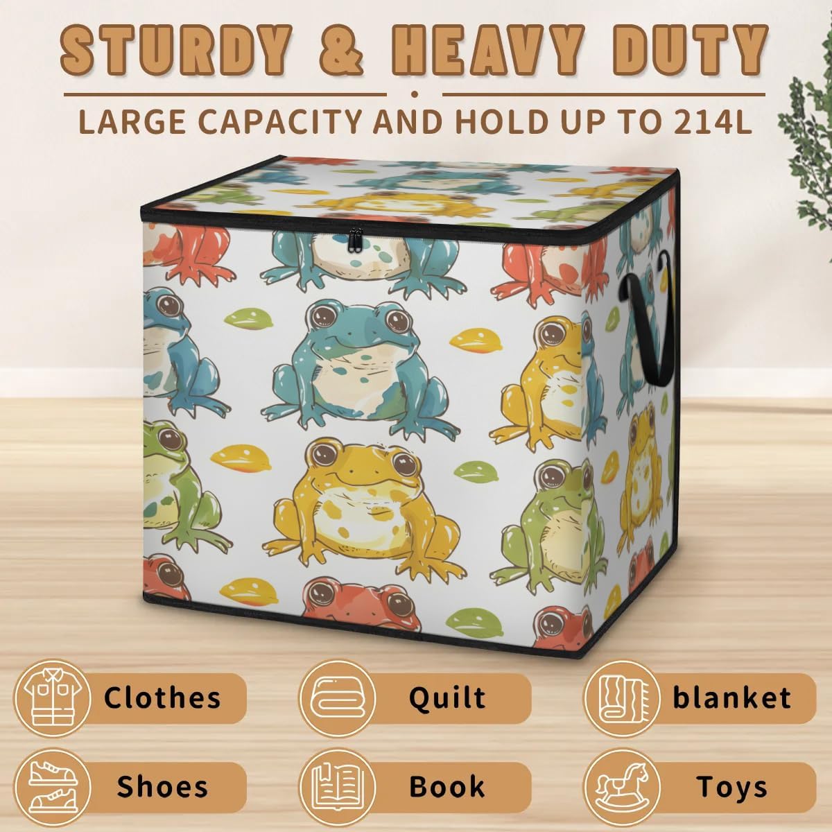 Honeybaby 214L Extra Large Comforter Storage Bag Colorful Frogs Storage Totes with Lids Waterproof Closet Organizer Folding Blanket Storage Bags for Clothes Bedding Pillows