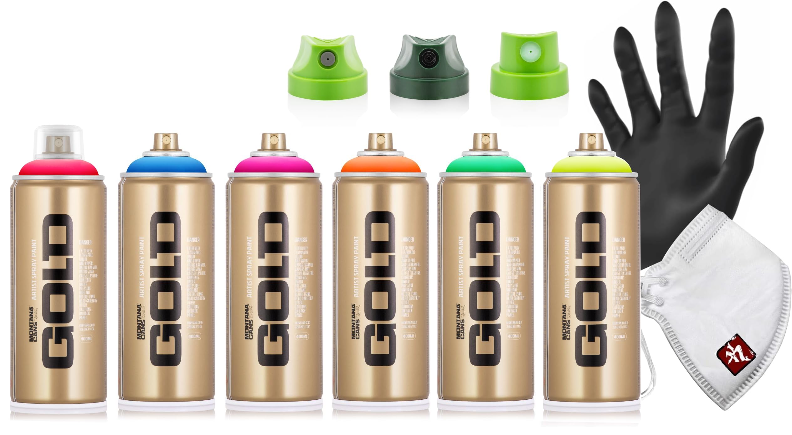 Montana GOLD zestaw puszek z rozpylaczem, 400 ml, 6 kolorów, neonowy, zielony, różowy, pomarańczowy, niebieski, czerwony, żółty, w zestawie 3 głowice natryskowe, maska ochronna i rękawica nitrylowa