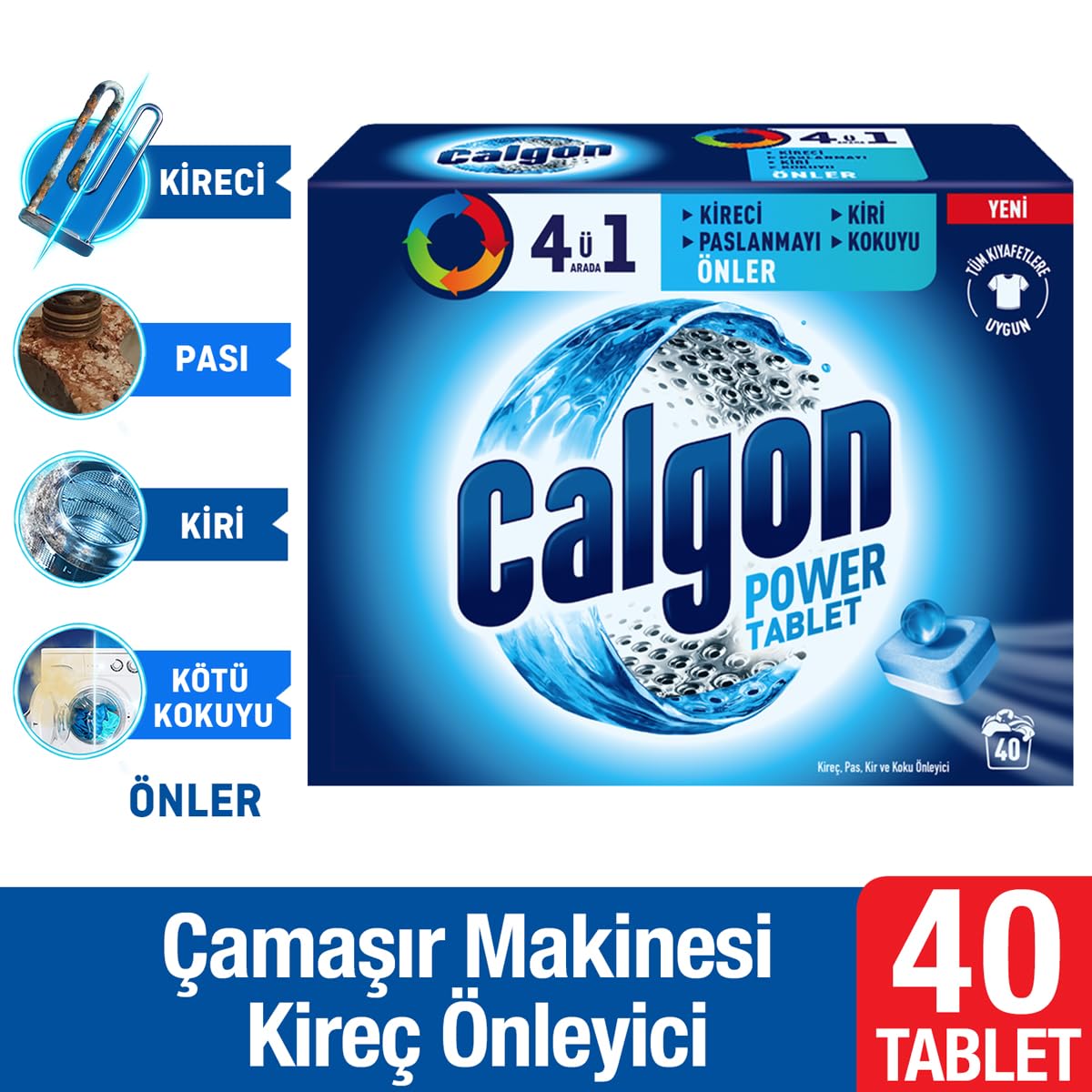 Calgon 4'ü 1 Arada Çamaşır Makinesi Kir, Kireç ve Koku Önleyici Tablet (1x 40 Tablet)