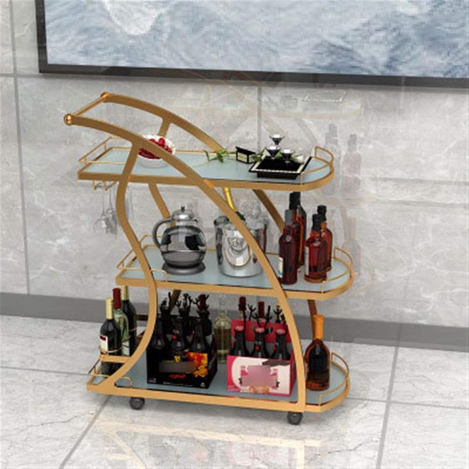 Metal Bar Wine Tea Serving Cart with Glass Suitable for Kitchen, Club, Living Room Home bar Serving carts Kitchen cart with Storage (Color : Champagne Gold 1) (Champagne Gold 2)