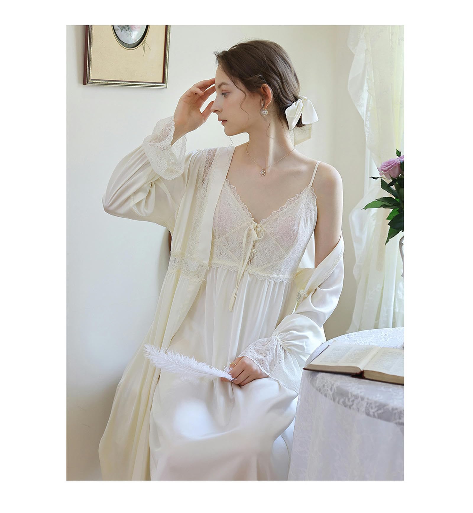 Camicia Notte Donna Nightdress A Due Pezzi Set Sottile in Pizzo di Alta Qualità per Pigiama da Notte Femmina Autunno A Maniche Lunghe-Blu-L