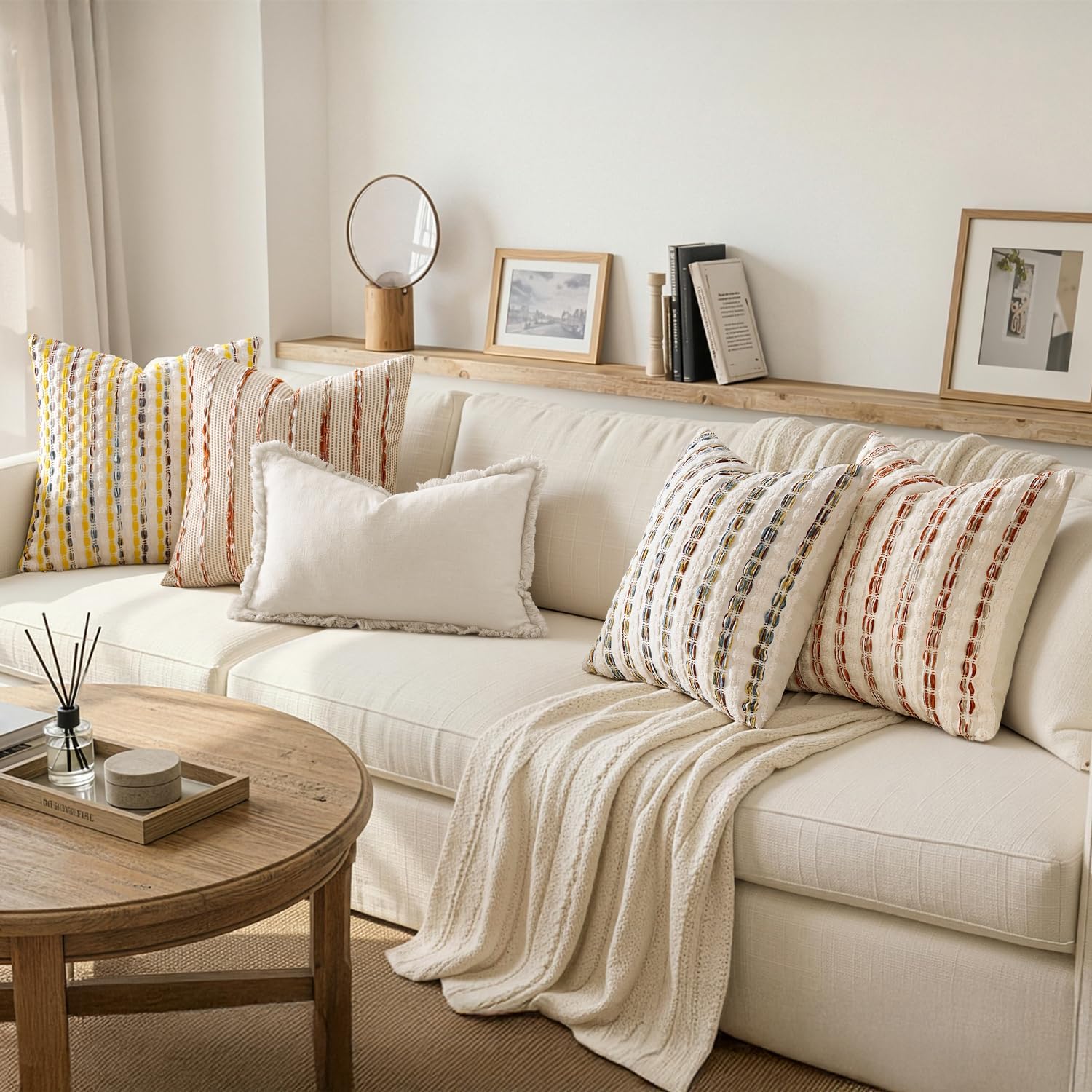ANRODUO Boho Chenille Pillow Covers with Textured Tufted Stripes 18x18 Inch Set of 2 Woven Decorative Cushion Case Farmhouse Accent Neutral Pillowcase for Couch Sofa Bed Living Room Decor,Orange White