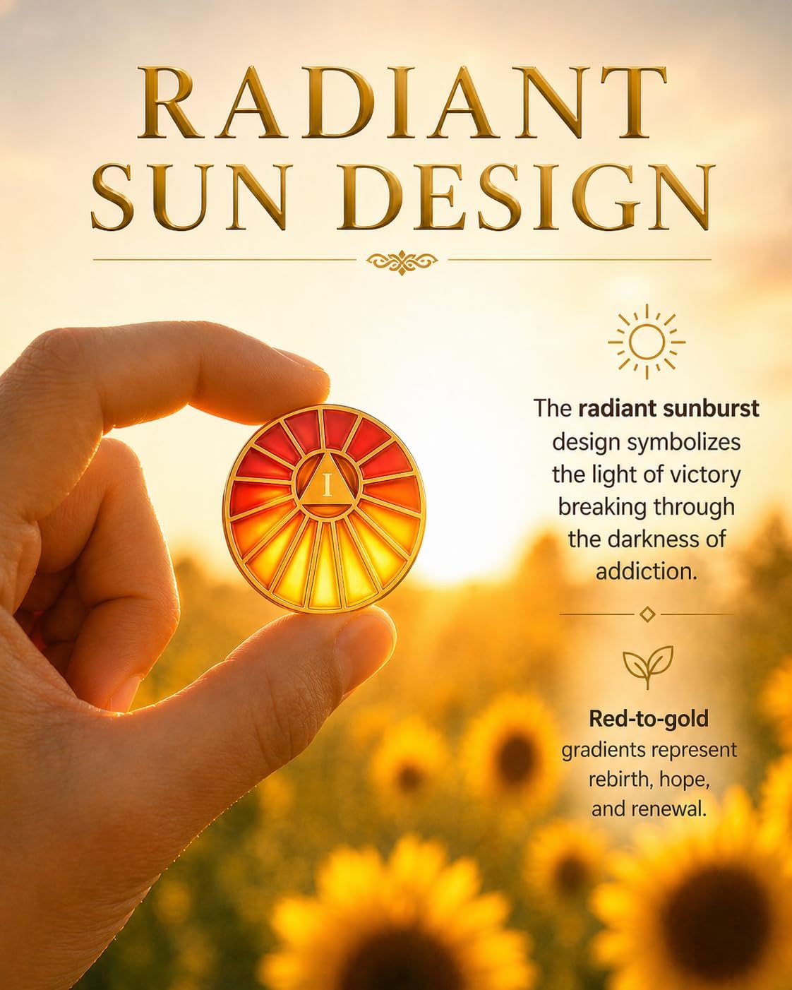 Sunburst 1 Year Sobriety Coin | Radiant Translucent Stained Glass Design - AA Medallion Fits Big Book Window, Recovery Milestone Alcoholics Anonymous Gift for Men Women Sponsor