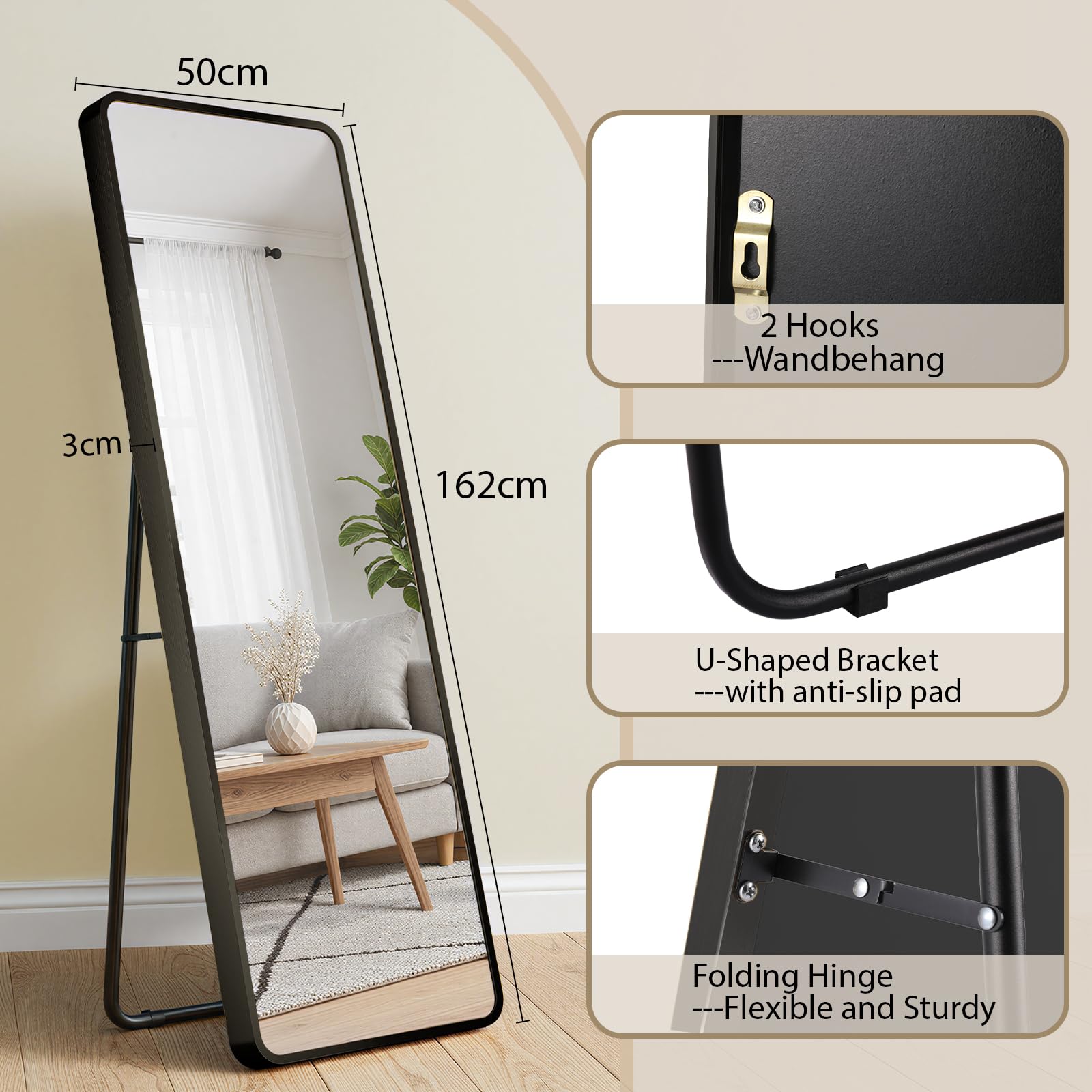 Clevich Premium Staande spiegel, 162 x 50 cm, grote Wandspiegel met 3