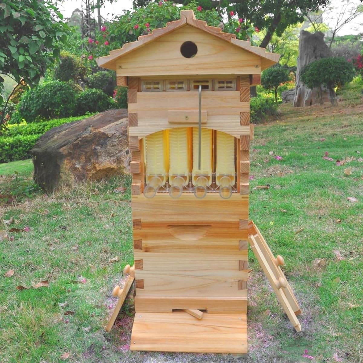 Self-Flowing Honey Beehive Kit with Observation Window & Honey Spout, Complete Wooden Beekeeping Box with 4 Frames & 6 Honeycomb Trays for Garden Pollinators